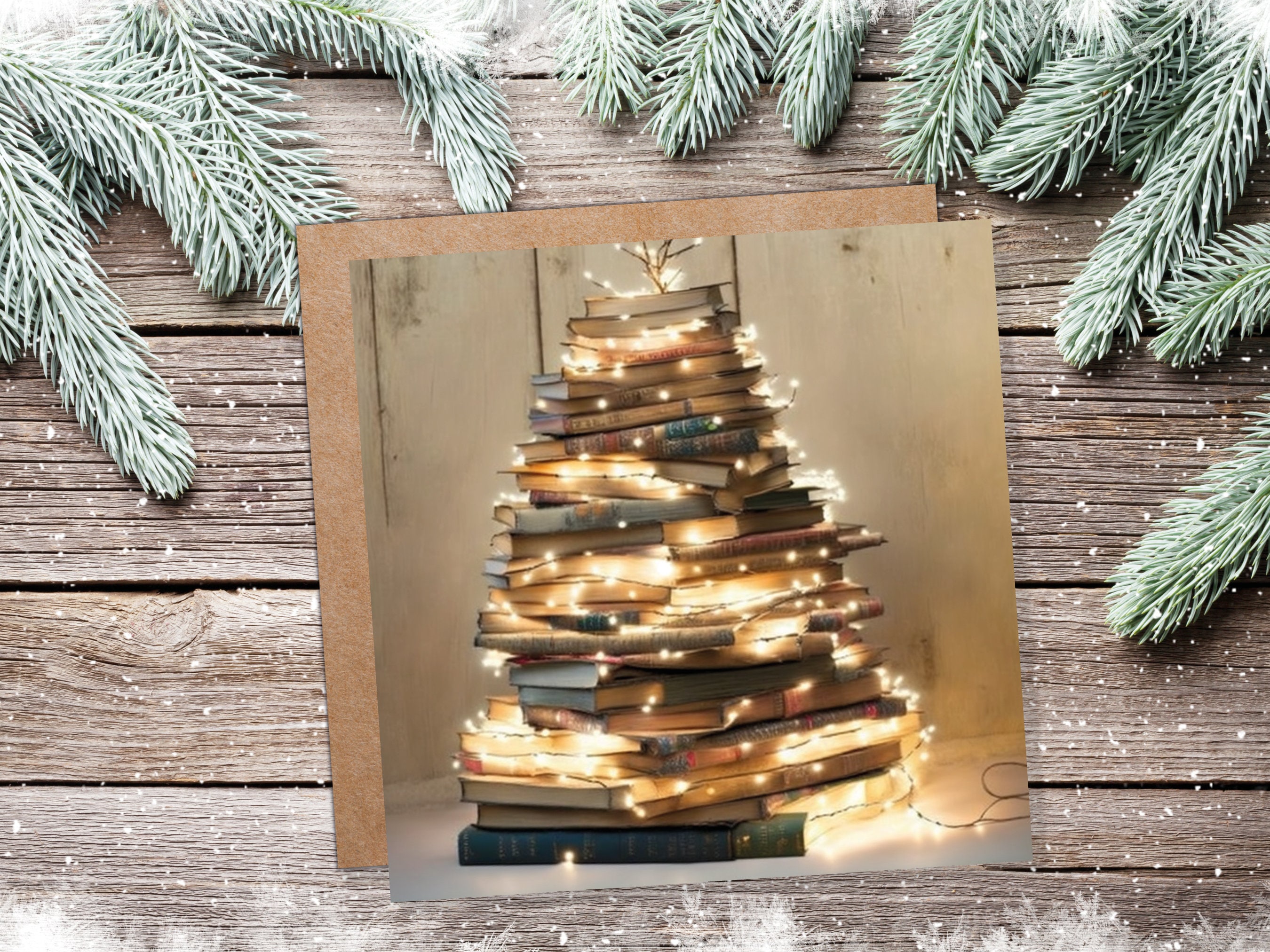 Book Lovers Christmas Card Tree and Fairy Lights Stack of Books Unique Cards for Bookworms Golden Greetings For Family Friends Xmas 2024