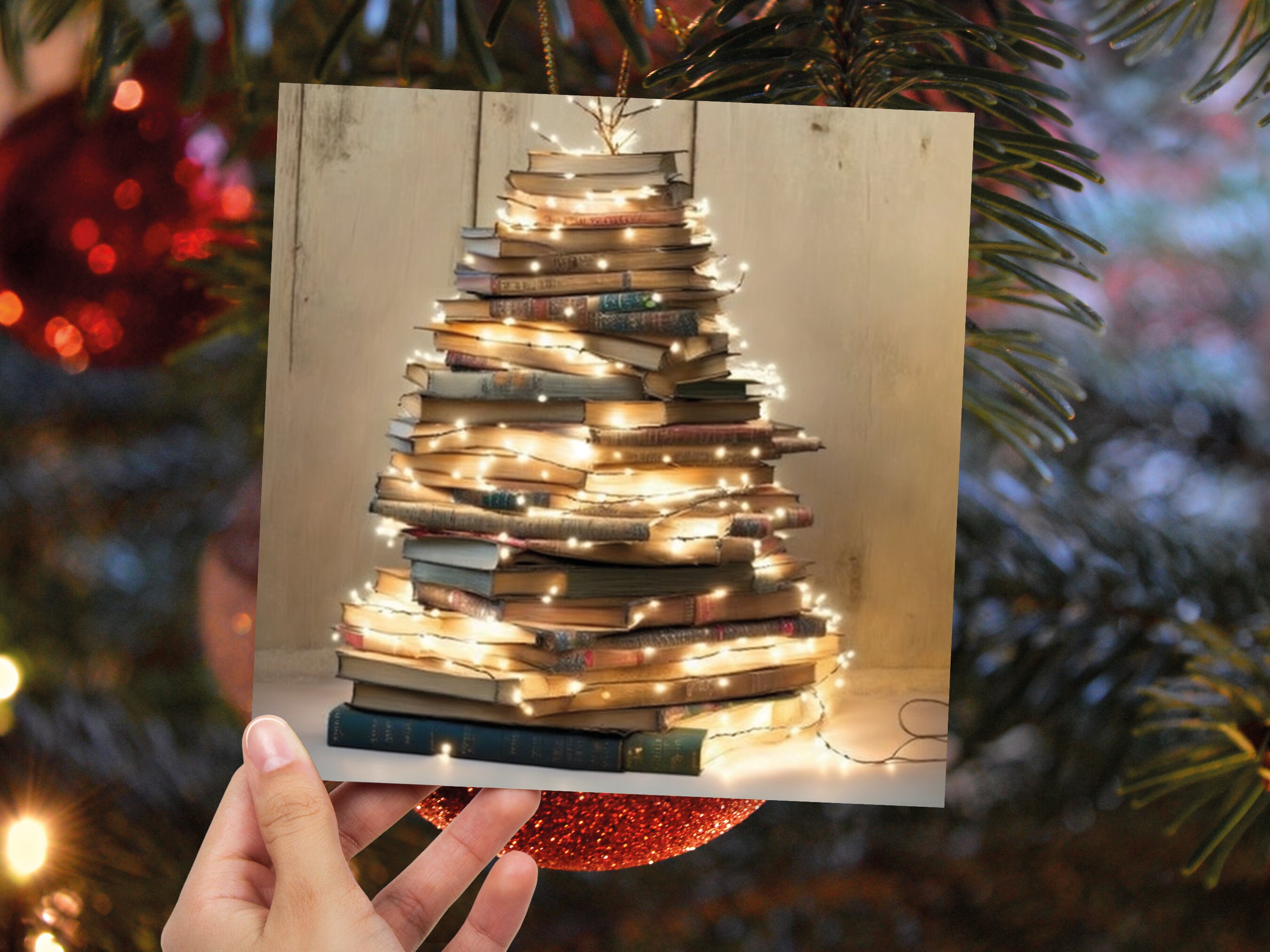 Book Lovers Christmas Card Tree and Fairy Lights Stack of Books Unique Cards for Bookworms Golden Greetings For Family Friends Xmas 2024 - View 2