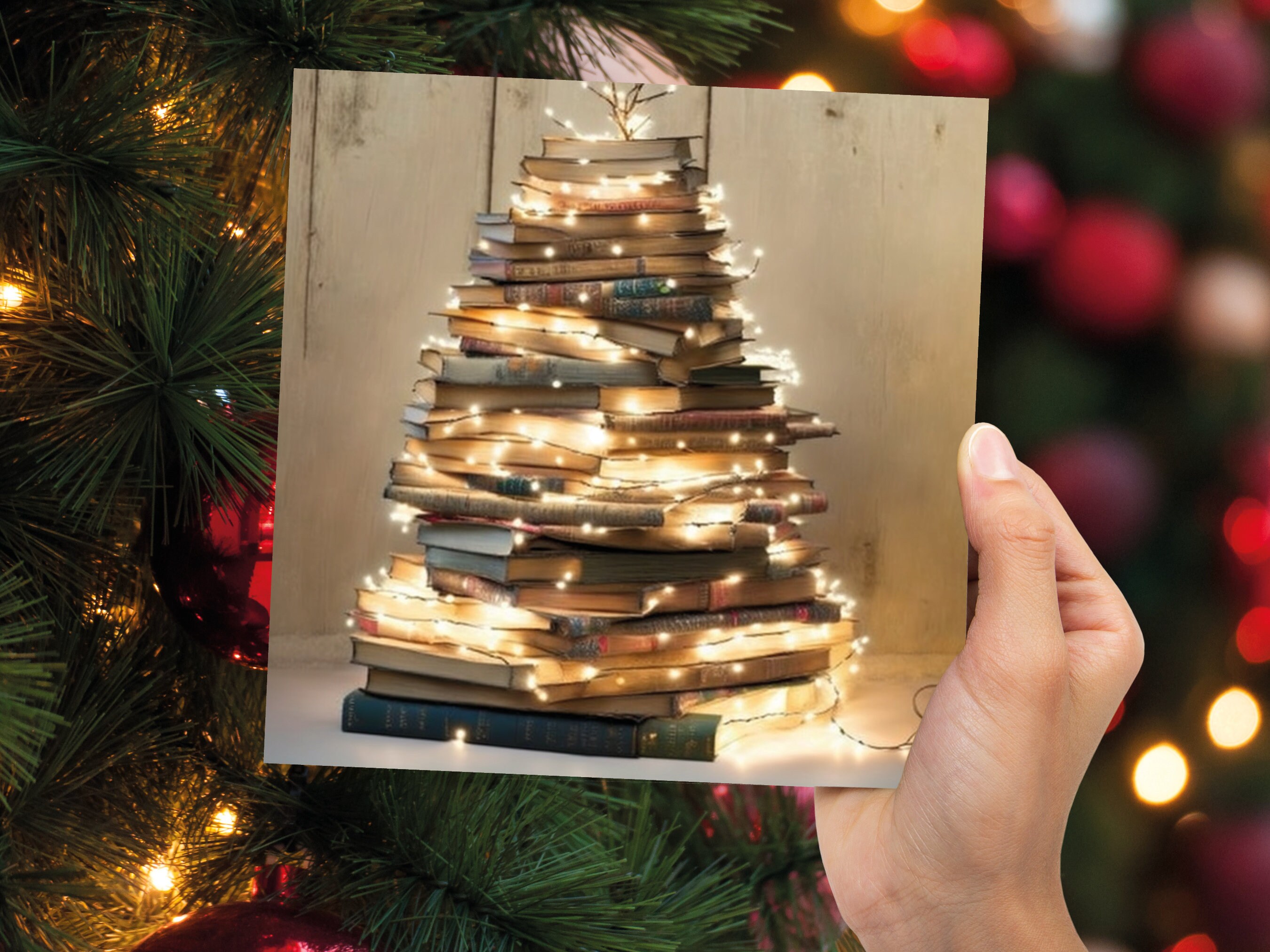 Book Lovers Christmas Card Tree and Fairy Lights Stack of Books Unique Cards for Bookworms Golden Greetings For Family Friends Xmas 2024 - View 3