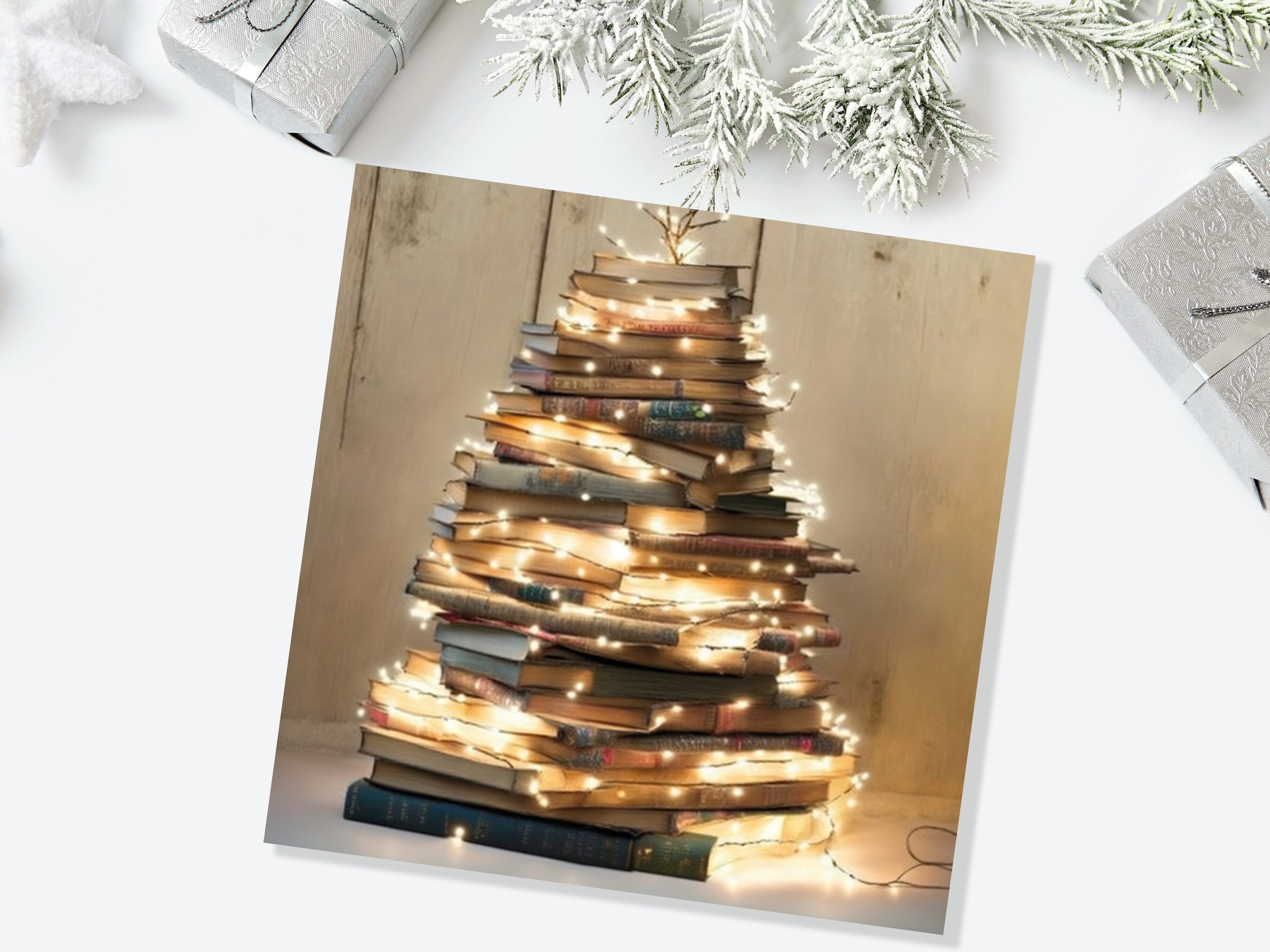 Book Lovers Christmas Card Tree and Fairy Lights Stack of Books Unique Cards for Bookworms Golden Greetings For Family Friends Xmas 2024 - View 4