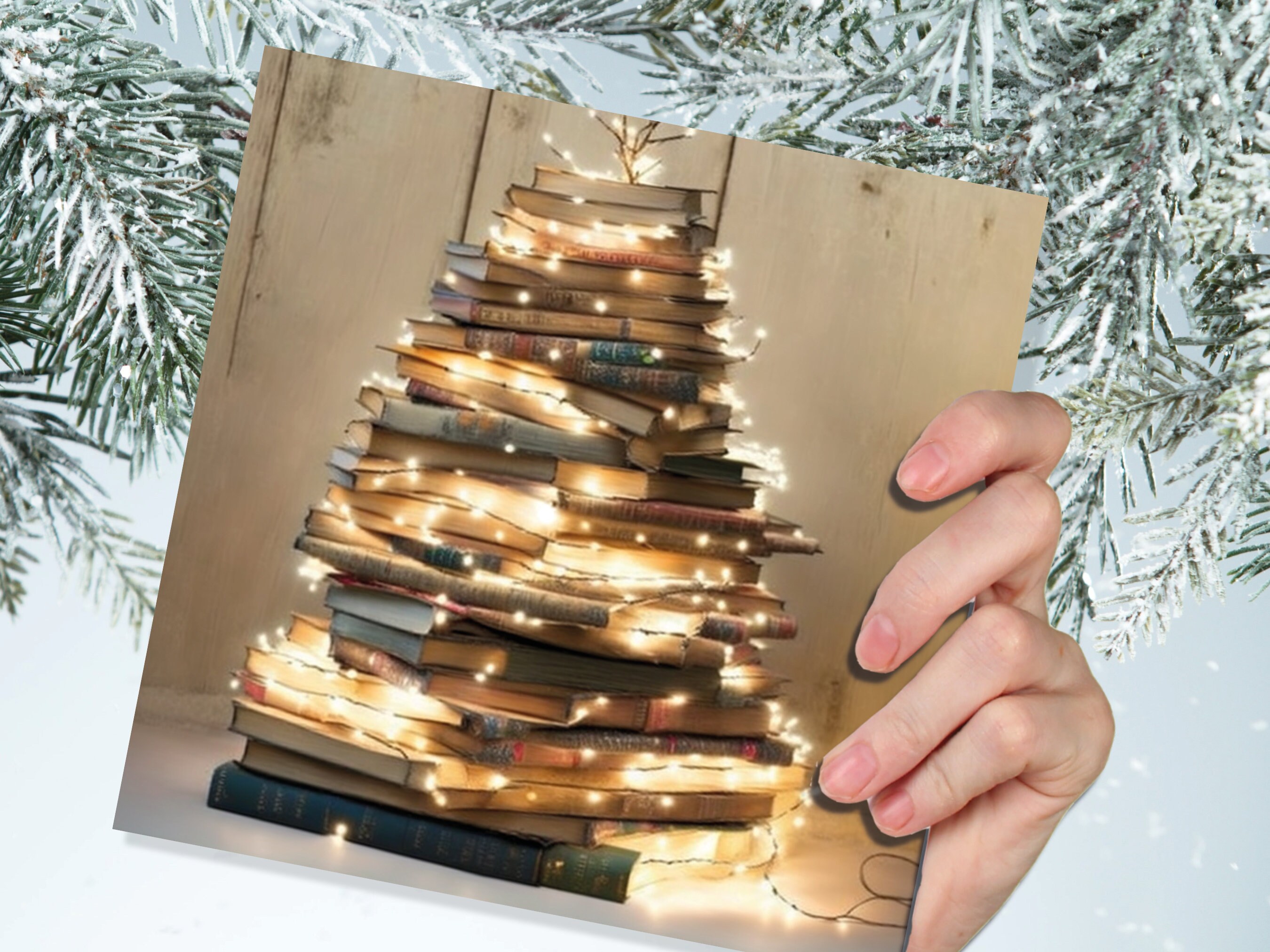 Book Lovers Christmas Card Tree and Fairy Lights Stack of Books Unique Cards for Bookworms Golden Greetings For Family Friends Xmas 2024 - View 6