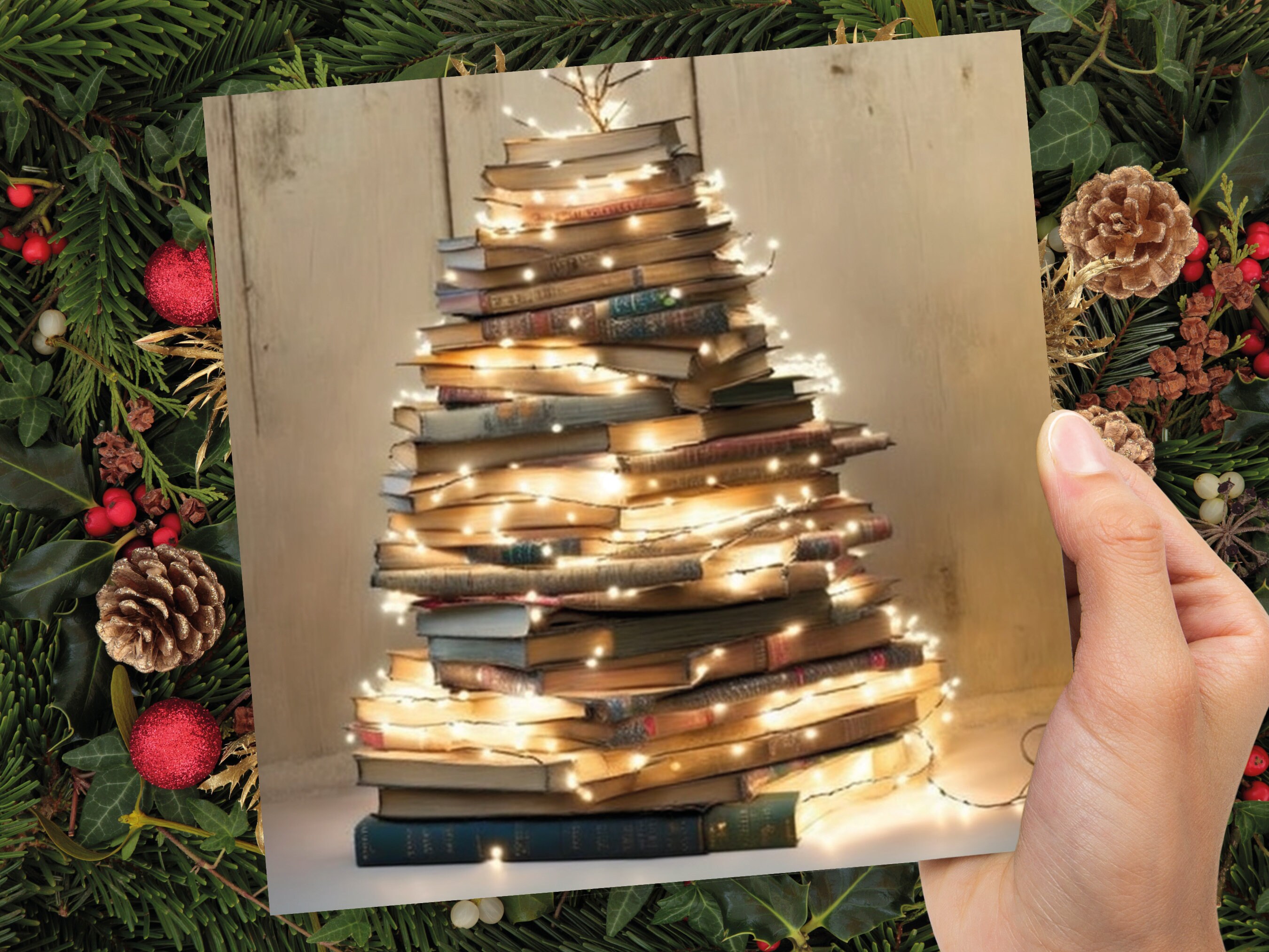 Book Lovers Christmas Card Tree and Fairy Lights Stack of Books Unique Cards for Bookworms Golden Greetings For Family Friends Xmas 2024 - View 7