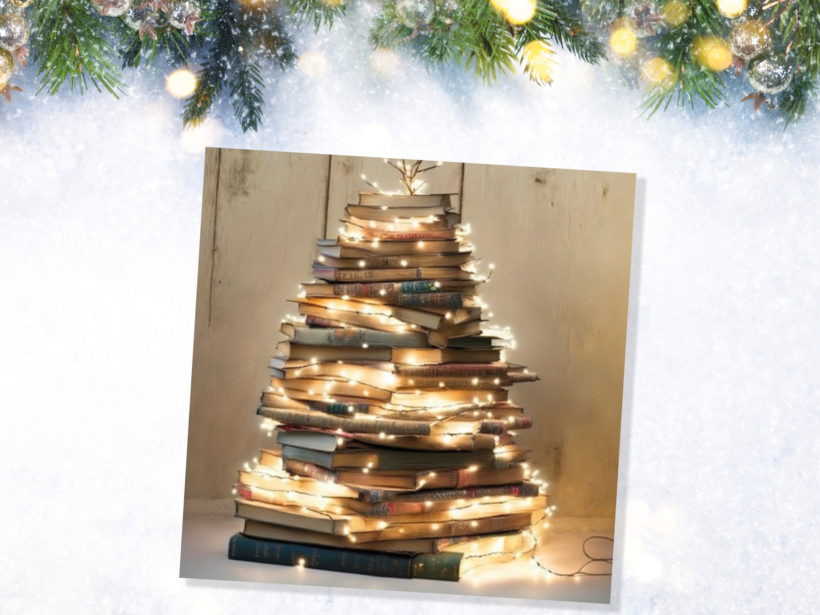 Book Lovers Christmas Card Tree and Fairy Lights Stack of Books Unique Cards for Bookworms Golden Greetings For Family Friends Xmas 2024 - View 8