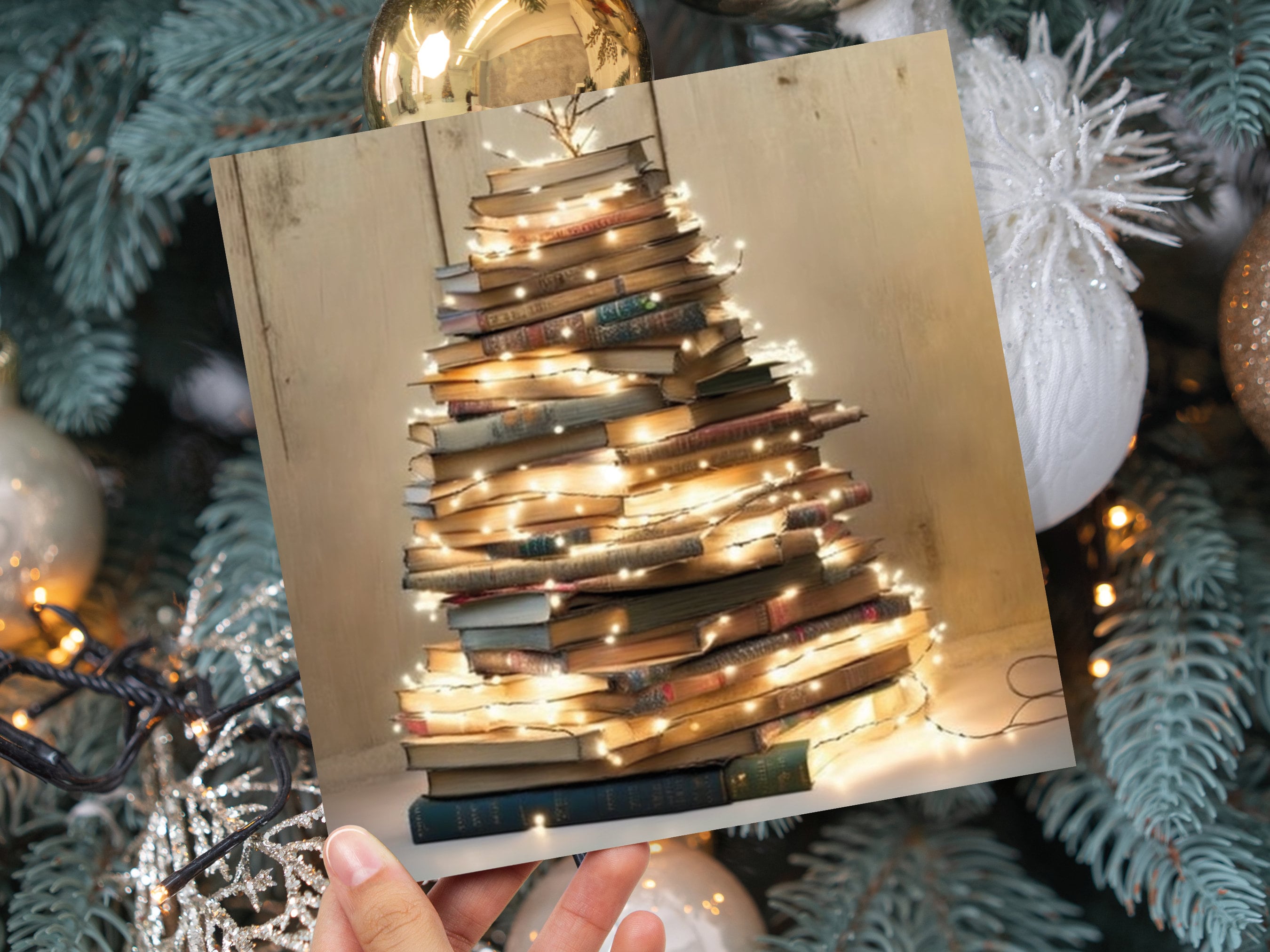 Book Lovers Christmas Card Tree and Fairy Lights Stack of Books Unique Cards for Bookworms Golden Greetings For Family Friends Xmas 2024 - View 9