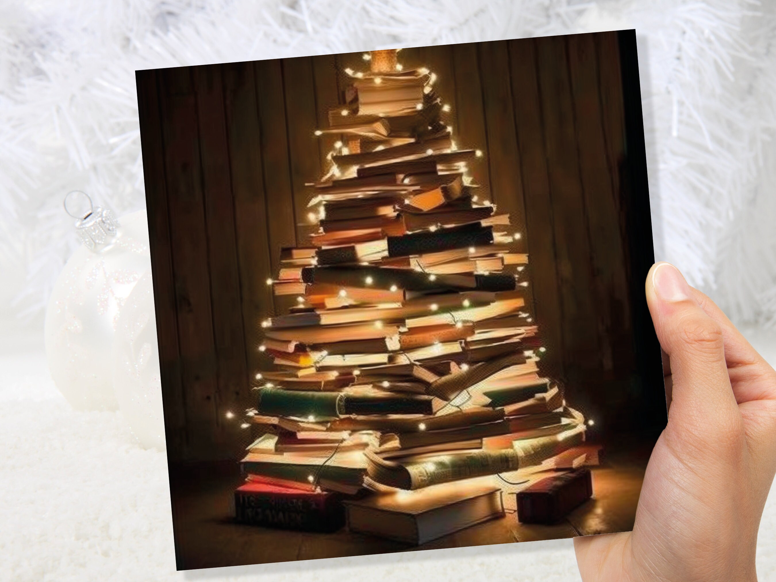 Book Lovers Christmas Tree Card and Fairy Lights Unique Cards for Bookworms Stack of Books Golden Greetings For Family Friends Xmas 2024 - View 2