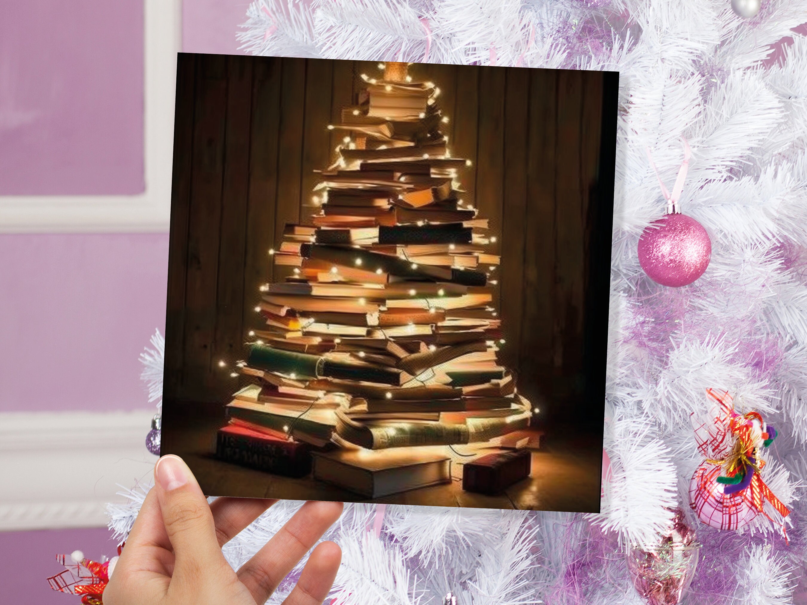 Book Lovers Christmas Tree Card and Fairy Lights Unique Cards for Bookworms Stack of Books Golden Greetings For Family Friends Xmas 2024 - View 3