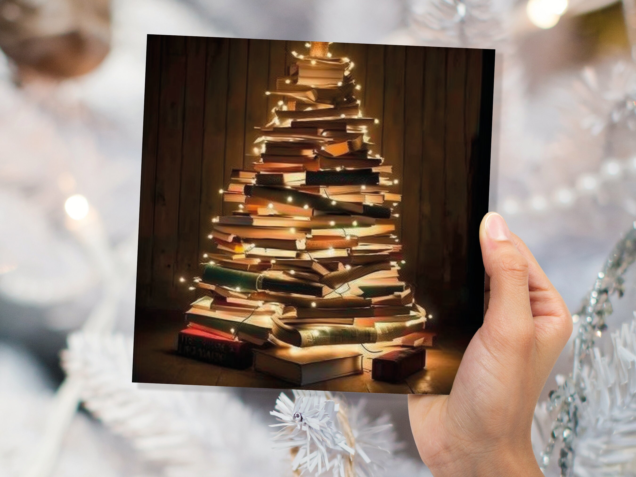 Book Lovers Christmas Tree Card and Fairy Lights Unique Cards for Bookworms Stack of Books Golden Greetings For Family Friends Xmas 2024 - View 4