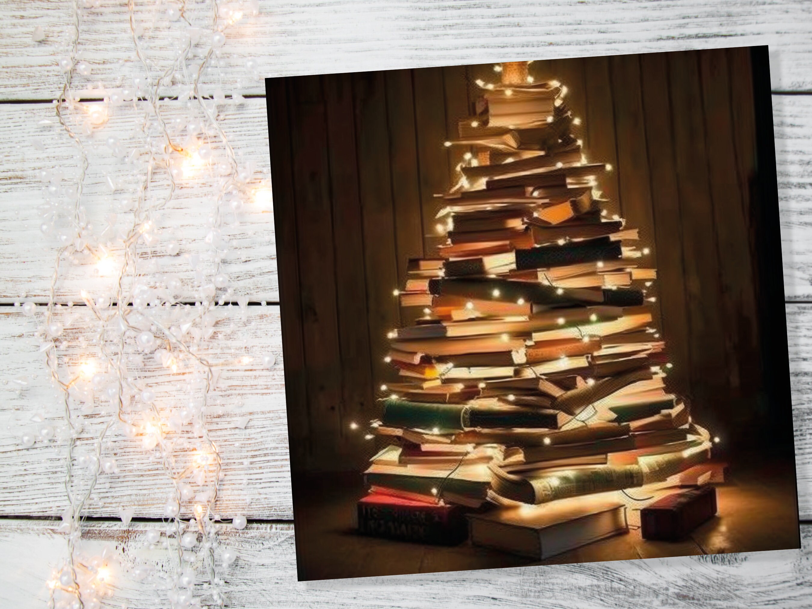 Book Lovers Christmas Tree Card and Fairy Lights Unique Cards for Bookworms Stack of Books Golden Greetings For Family Friends Xmas 2024 - View 7