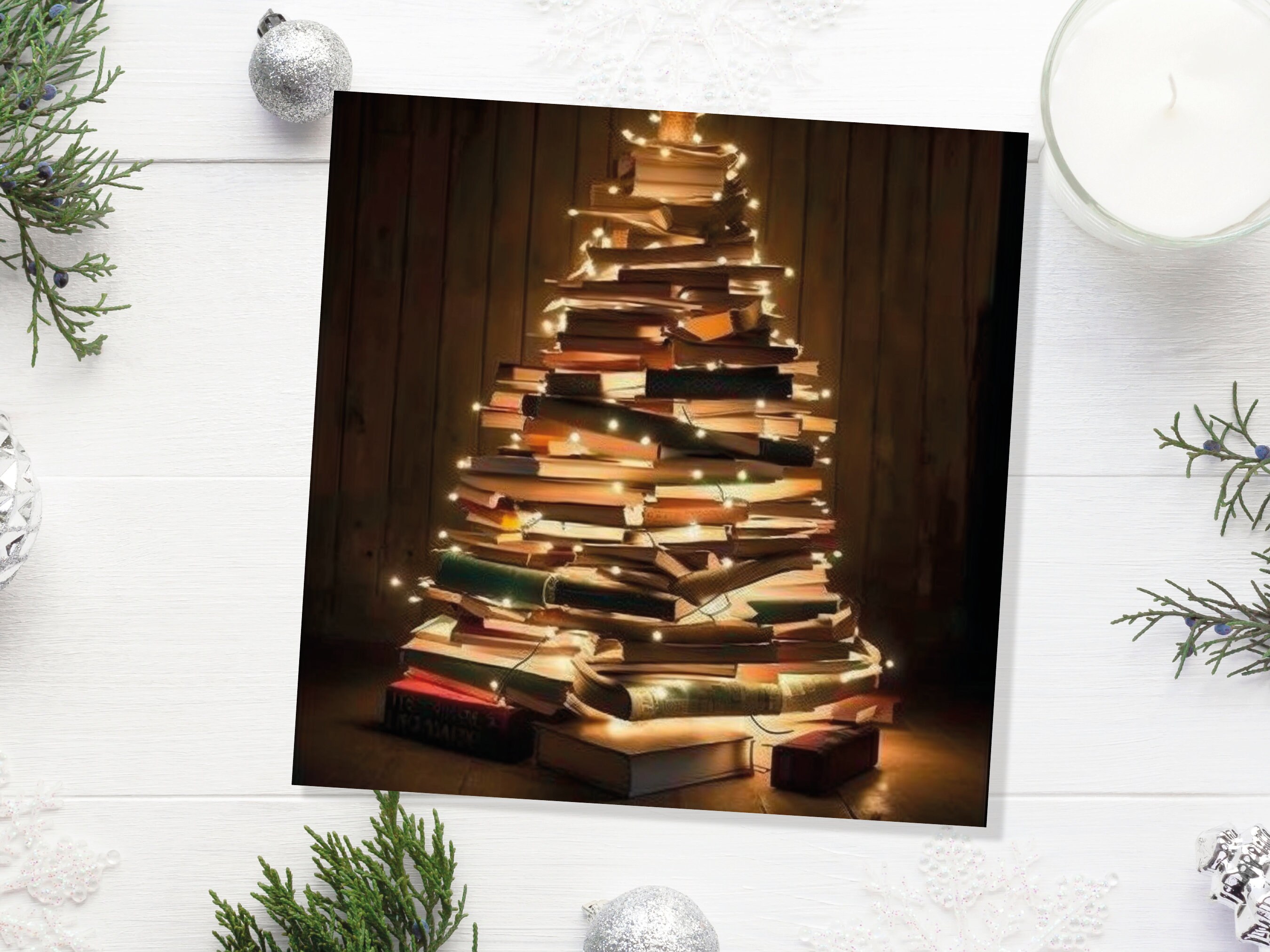 Book Lovers Christmas Tree Card and Fairy Lights Unique Cards for Bookworms Stack of Books Golden Greetings For Family Friends Xmas 2024 - View 8