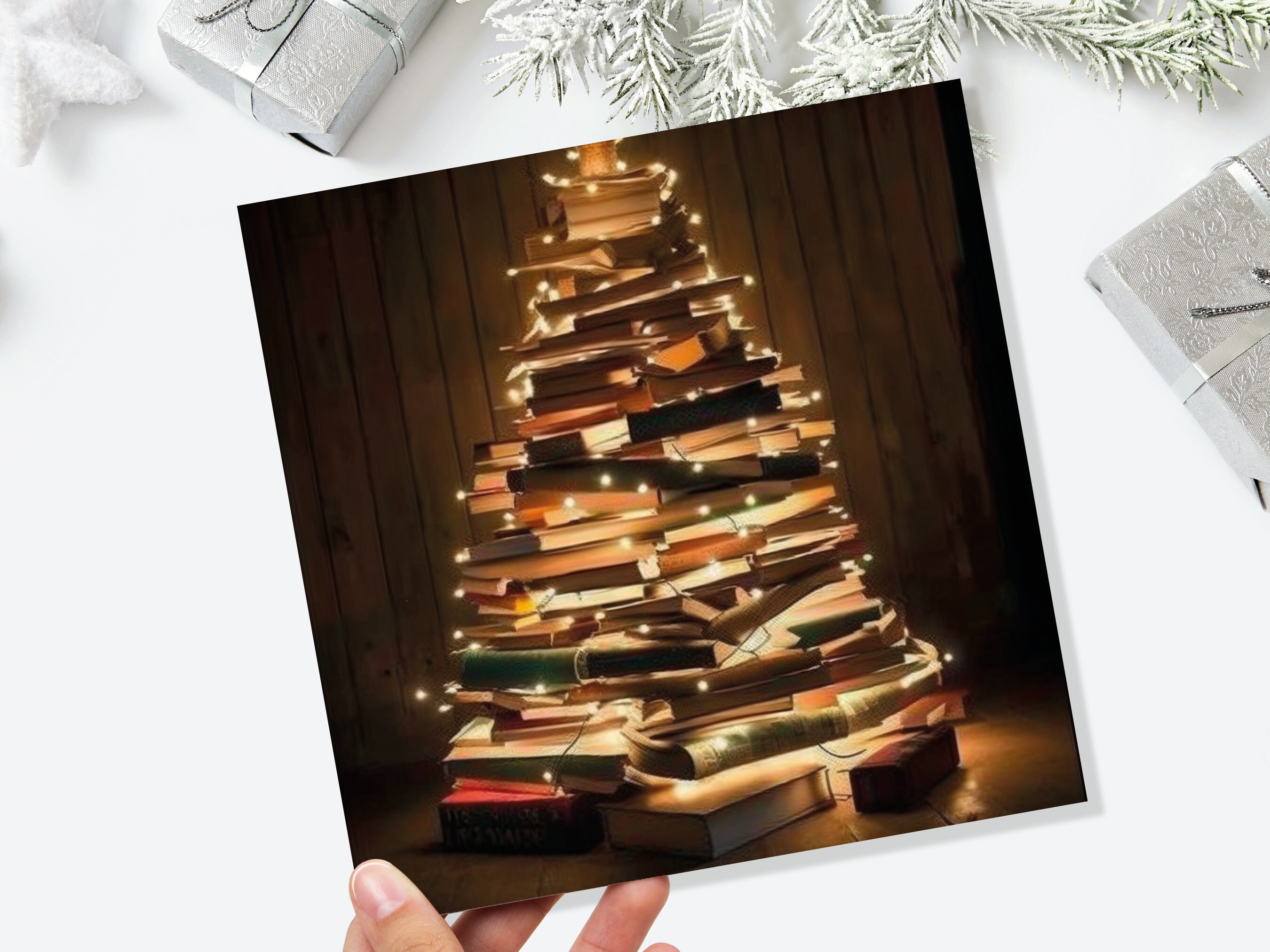 Book Lovers Christmas Tree Card and Fairy Lights Unique Cards for Bookworms Stack of Books Golden Greetings For Family Friends Xmas 2024 - View 9