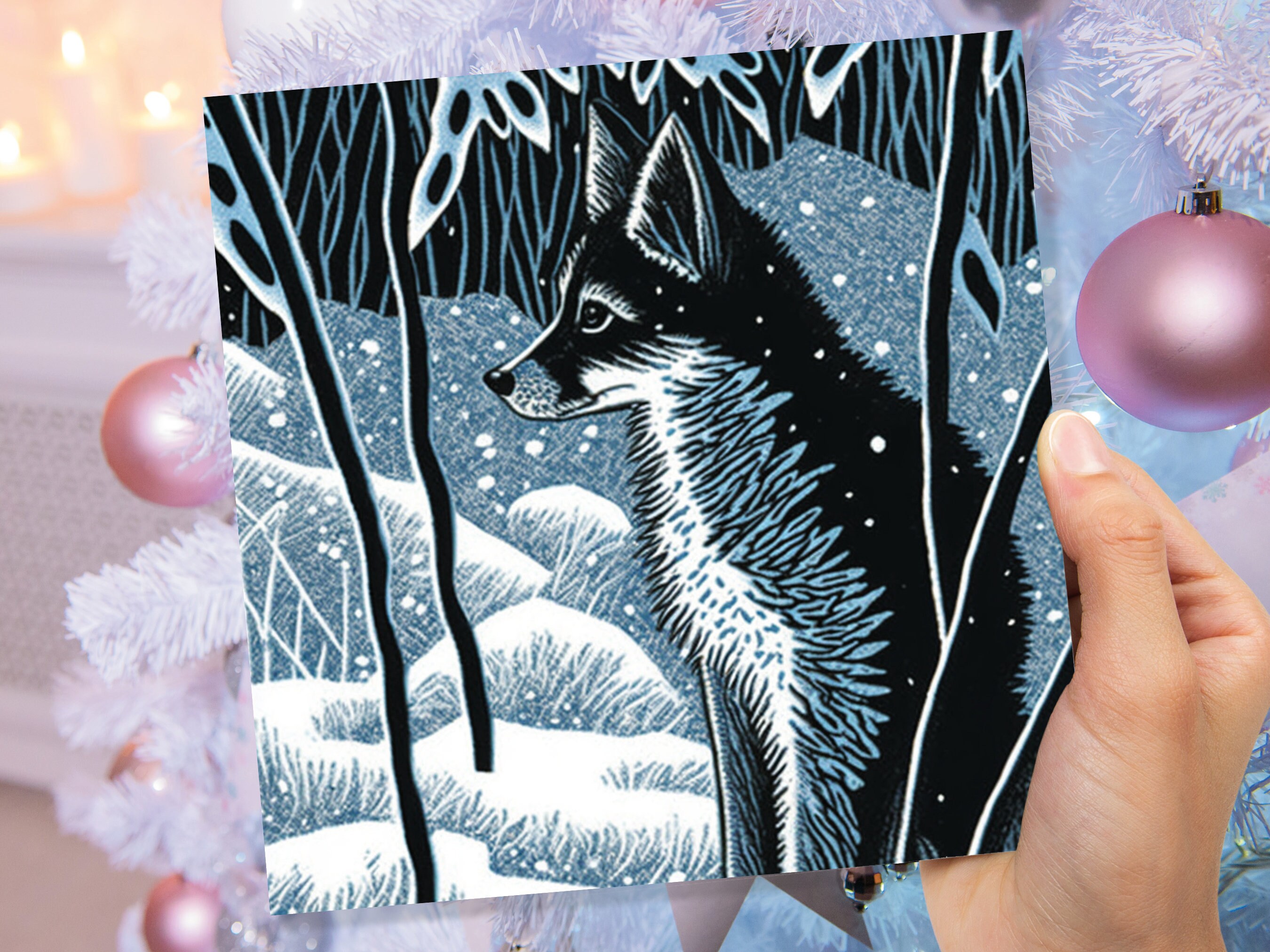 Winter Fox Greeting Card Linocut Forest Illustration Blue White Black Snowy Scene Landscape Greeting For Family Friends Christmas Thank You - View 2