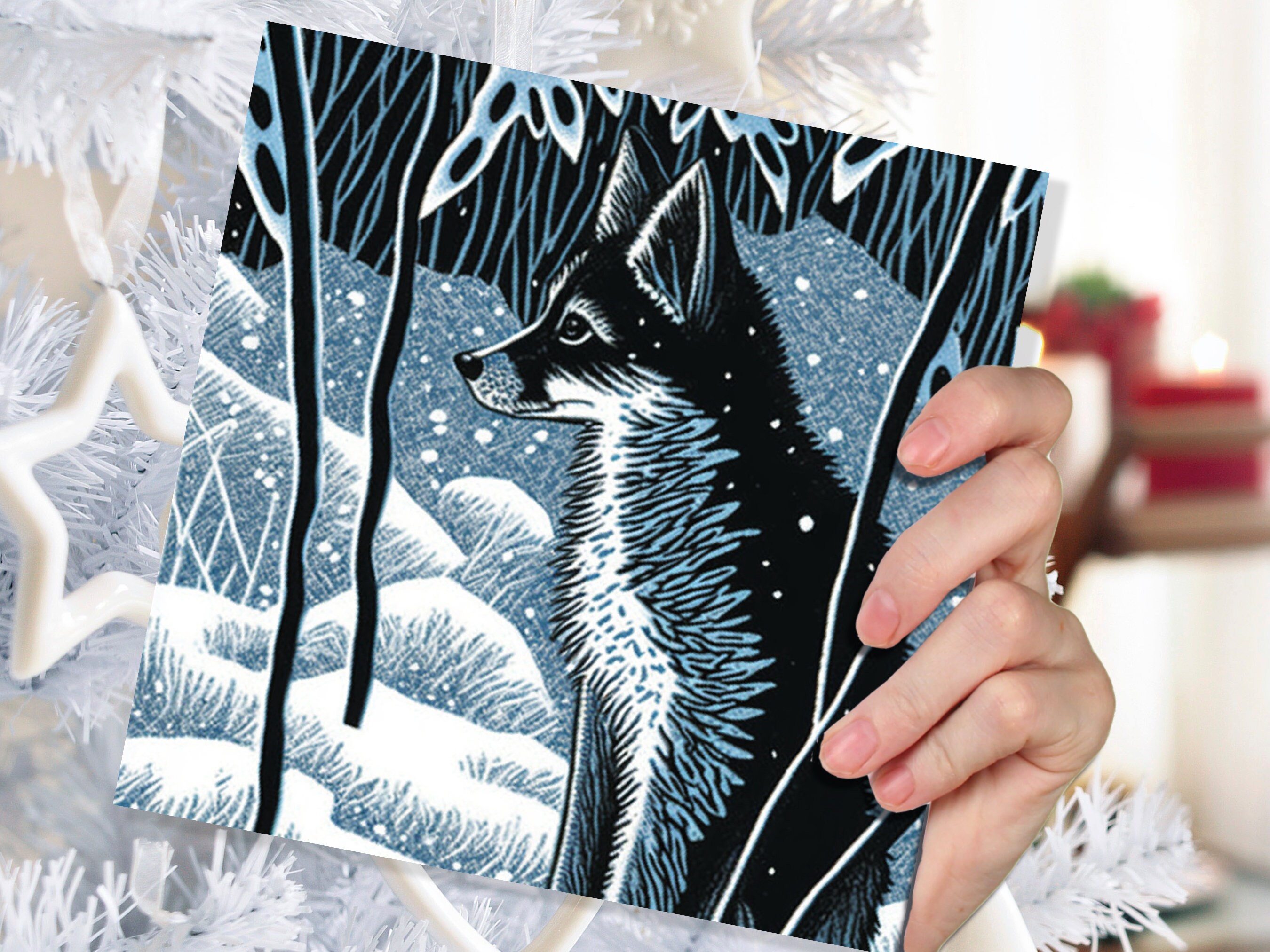 Winter Fox Greeting Card Linocut Forest Illustration Blue White Black Snowy Scene Landscape Greeting For Family Friends Christmas Thank You - View 3