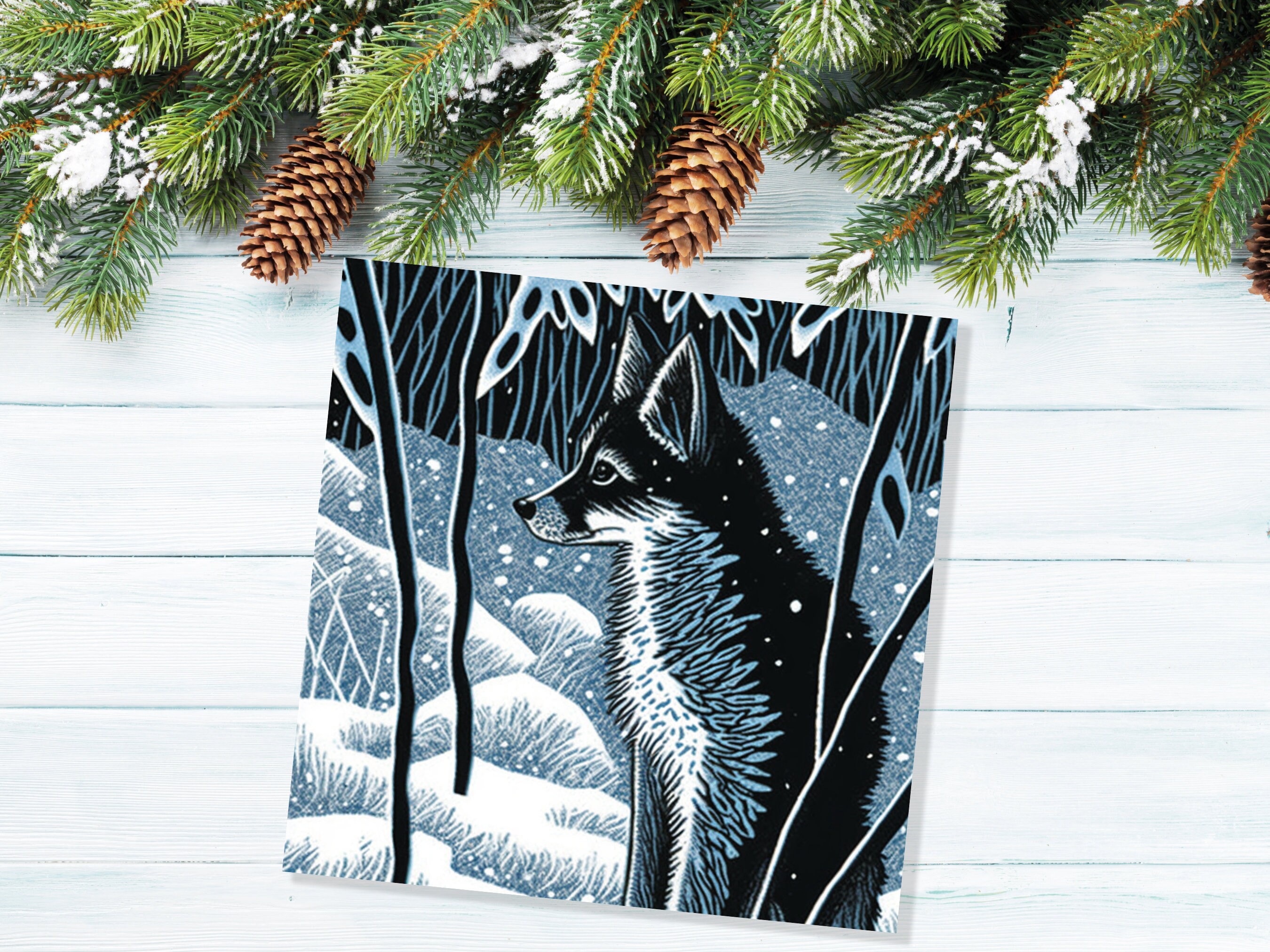 Winter Fox Greeting Card Linocut Forest Illustration Blue White Black Snowy Scene Landscape Greeting For Family Friends Christmas Thank You - View 4