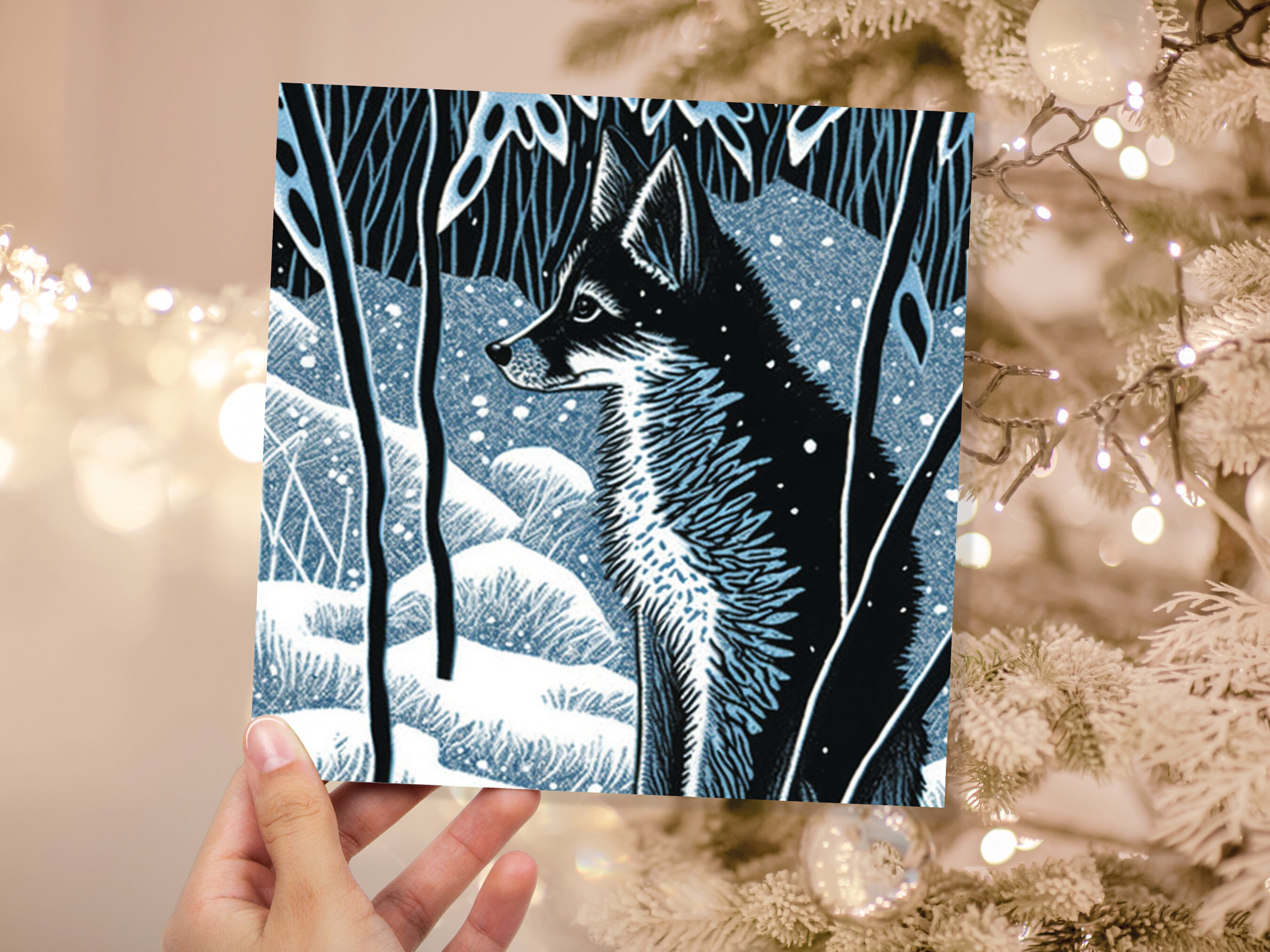 Winter Fox Greeting Card Linocut Forest Illustration Blue White Black Snowy Scene Landscape Greeting For Family Friends Christmas Thank You - View 5