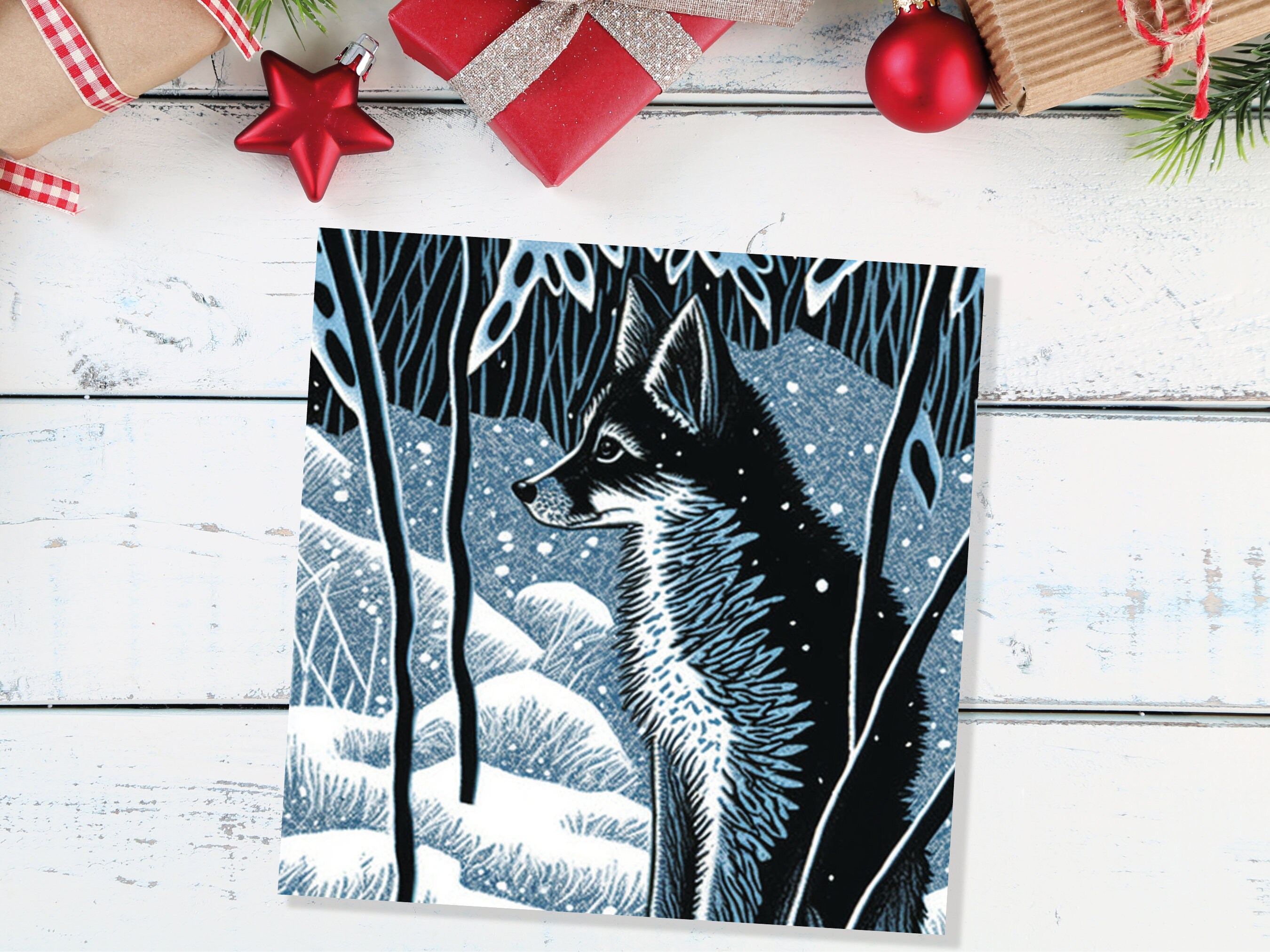 Winter Fox Greeting Card Linocut Forest Illustration Blue White Black Snowy Scene Landscape Greeting For Family Friends Christmas Thank You - View 6