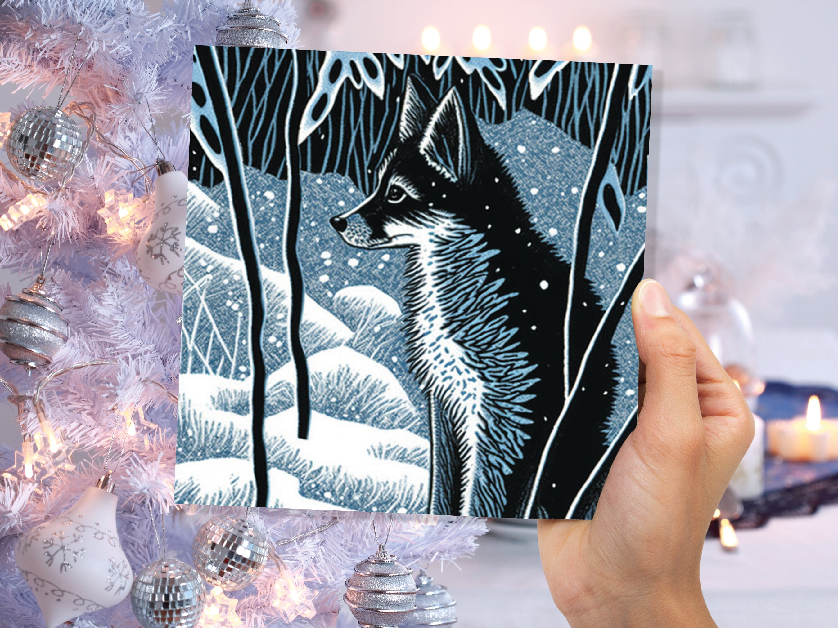 Winter Fox Greeting Card Linocut Forest Illustration Blue White Black Snowy Scene Landscape Greeting For Family Friends Christmas Thank You - View 7