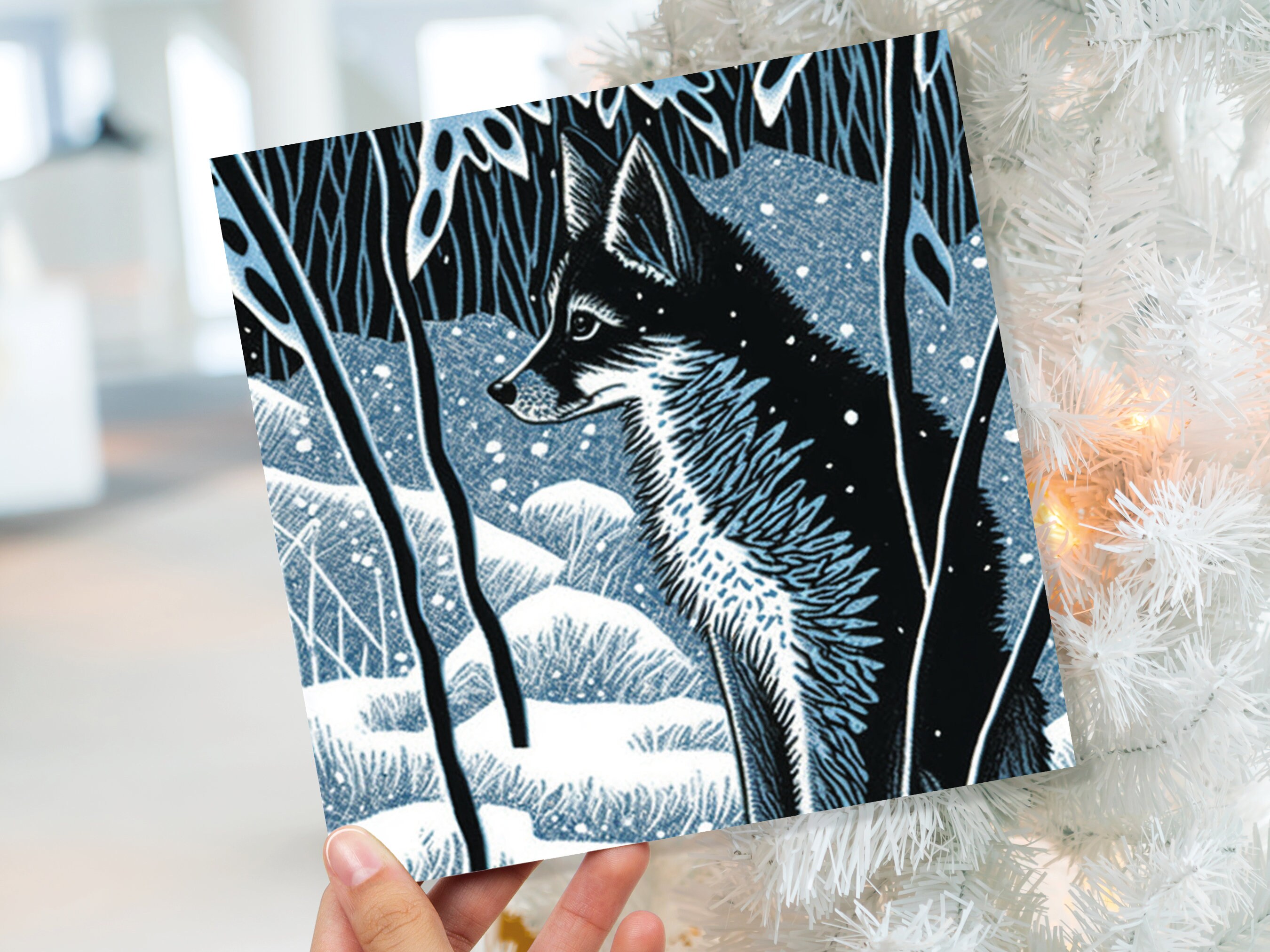 Winter Fox Greeting Card Linocut Forest Illustration Blue White Black Snowy Scene Landscape Greeting For Family Friends Christmas Thank You - View 9