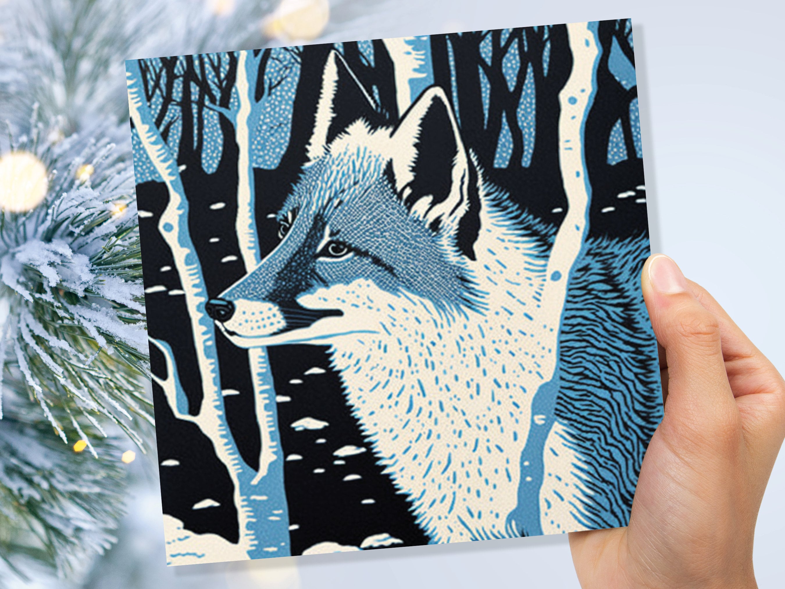 Fox Cards Winter Linocut Snowy Woodland Illustration Blue White Black Snow Scene Landscape Greetings For Family Friends Xmas 2024 Thank You