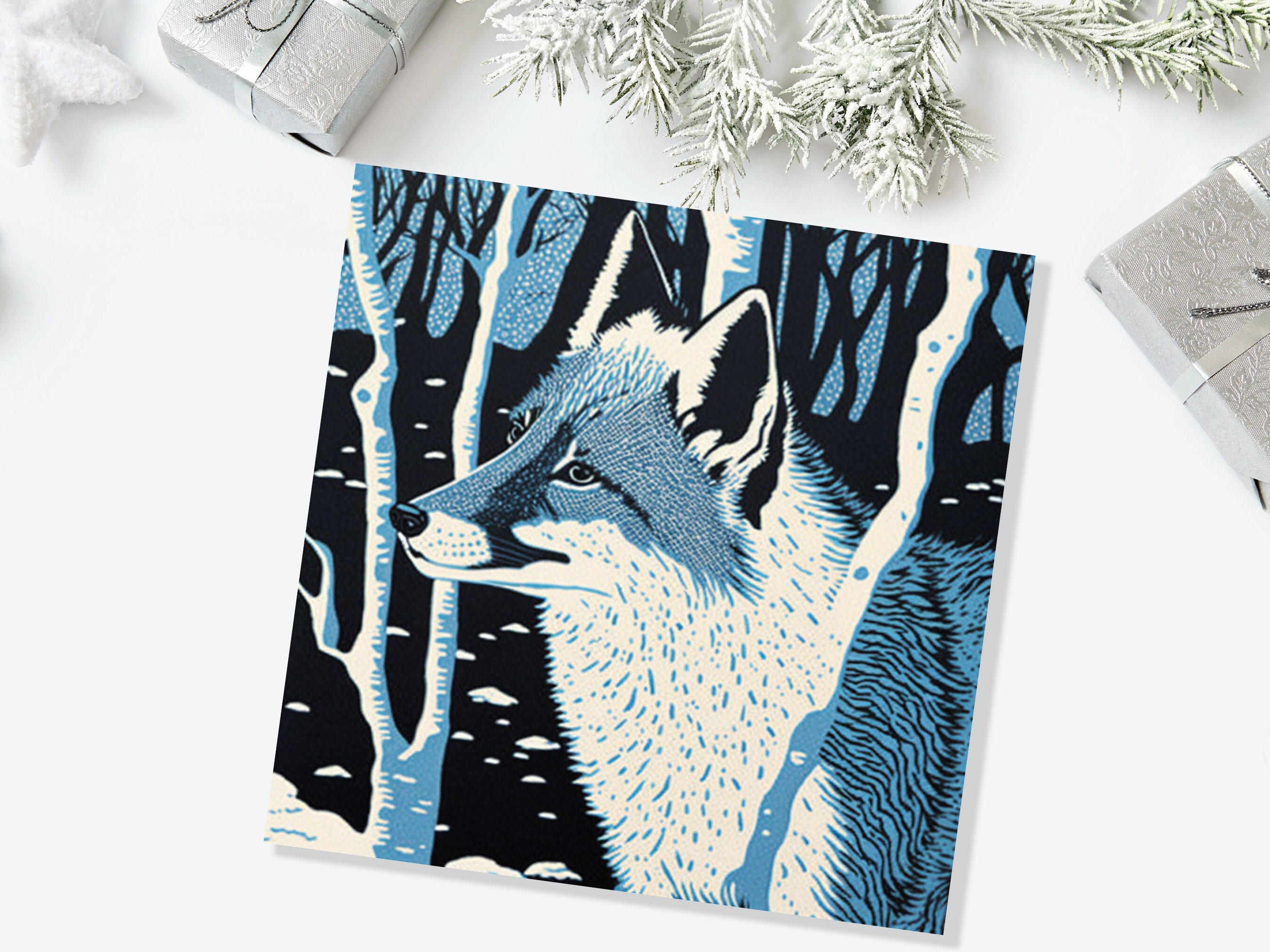 Fox Cards Winter Linocut Snowy Woodland Illustration Blue White Black Snow Scene Landscape Greetings For Family Friends Xmas 2024 Thank You - View 2