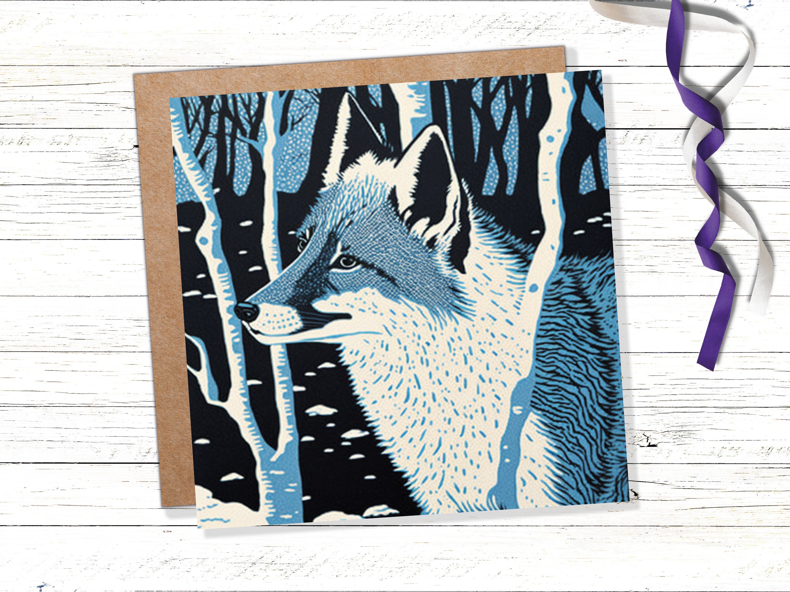 Fox Cards Winter Linocut Snowy Woodland Illustration Blue White Black Snow Scene Landscape Greetings For Family Friends Xmas 2024 Thank You - View 3