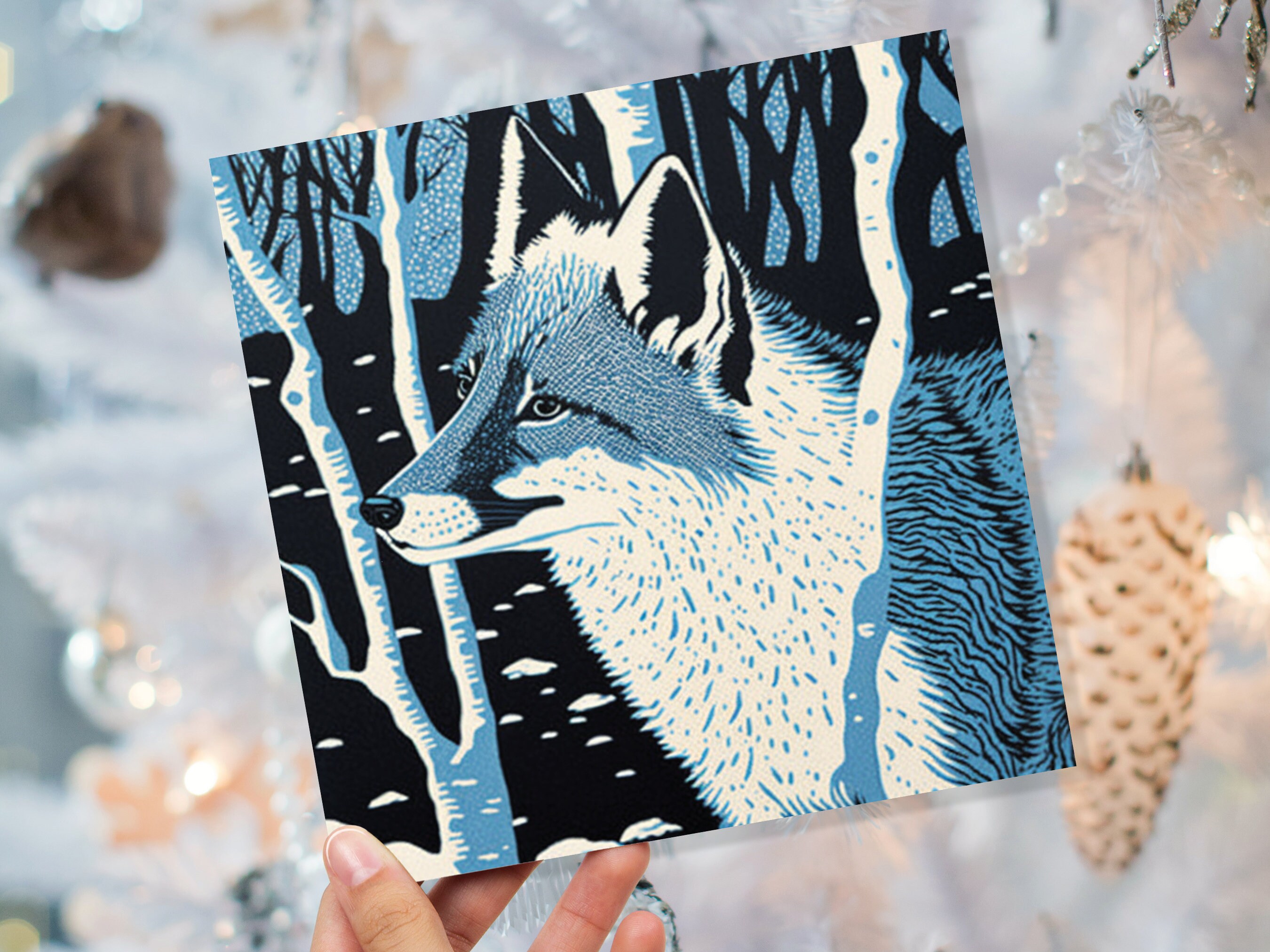 Fox Cards Winter Linocut Snowy Woodland Illustration Blue White Black Snow Scene Landscape Greetings For Family Friends Xmas 2024 Thank You - View 4