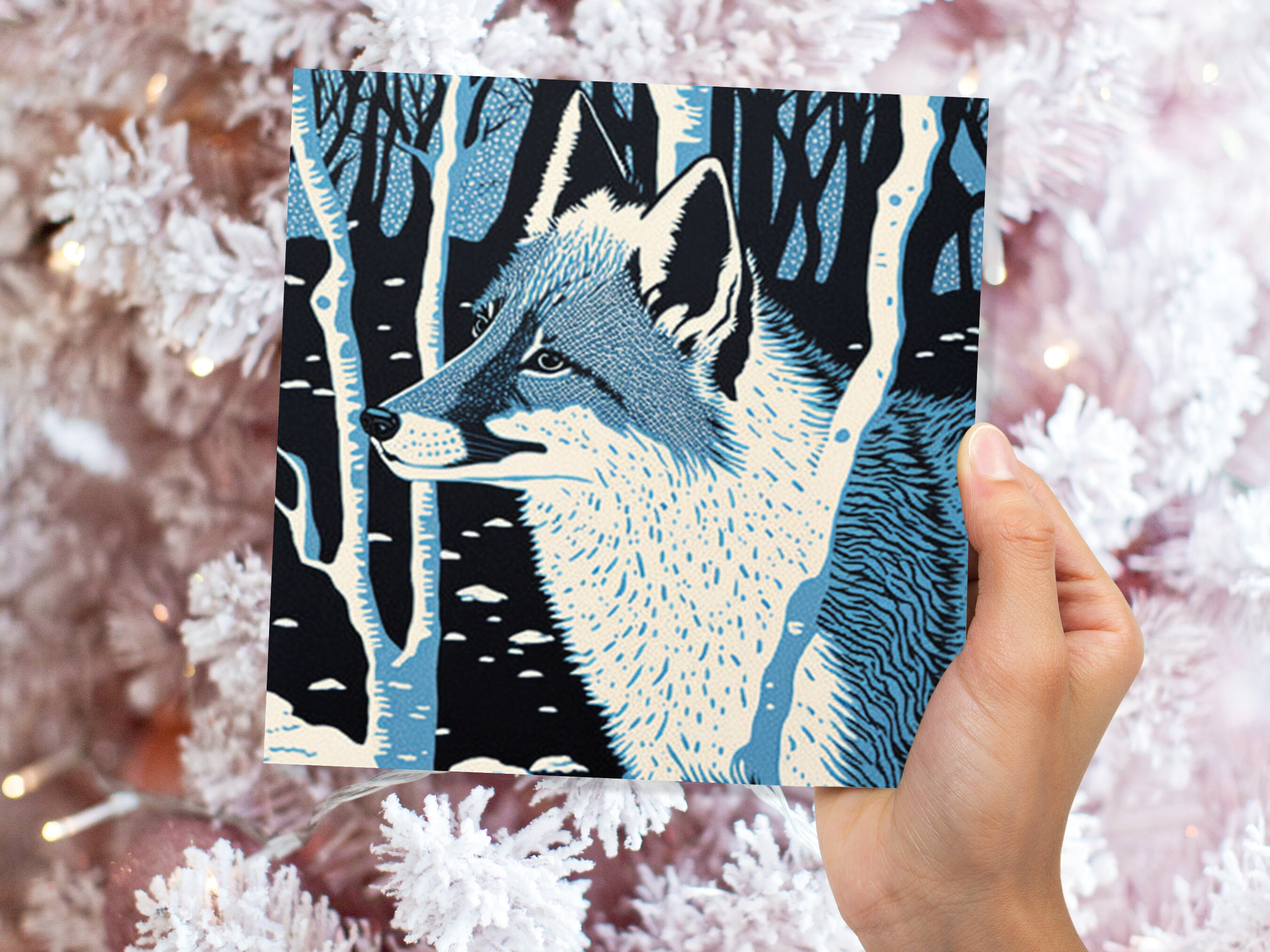 Fox Cards Winter Linocut Snowy Woodland Illustration Blue White Black Snow Scene Landscape Greetings For Family Friends Xmas 2024 Thank You - View 5