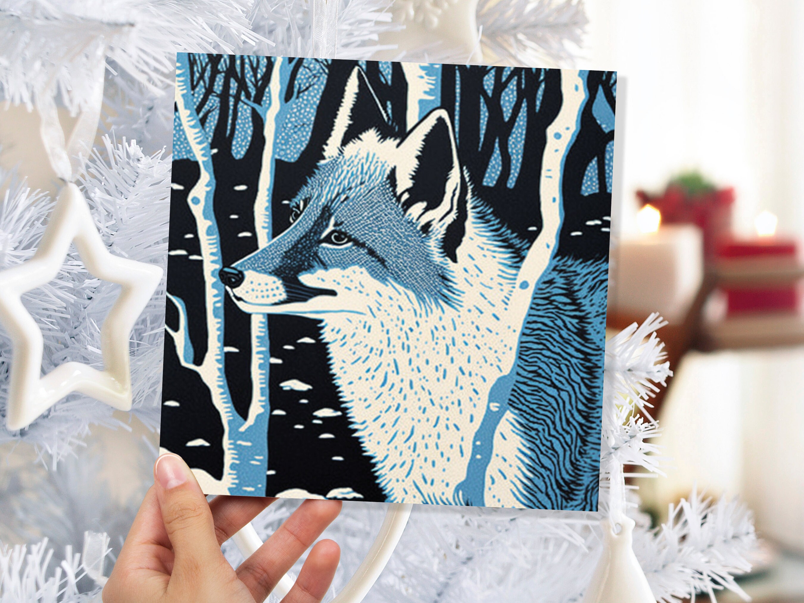 Fox Cards Winter Linocut Snowy Woodland Illustration Blue White Black Snow Scene Landscape Greetings For Family Friends Xmas 2024 Thank You - View 7