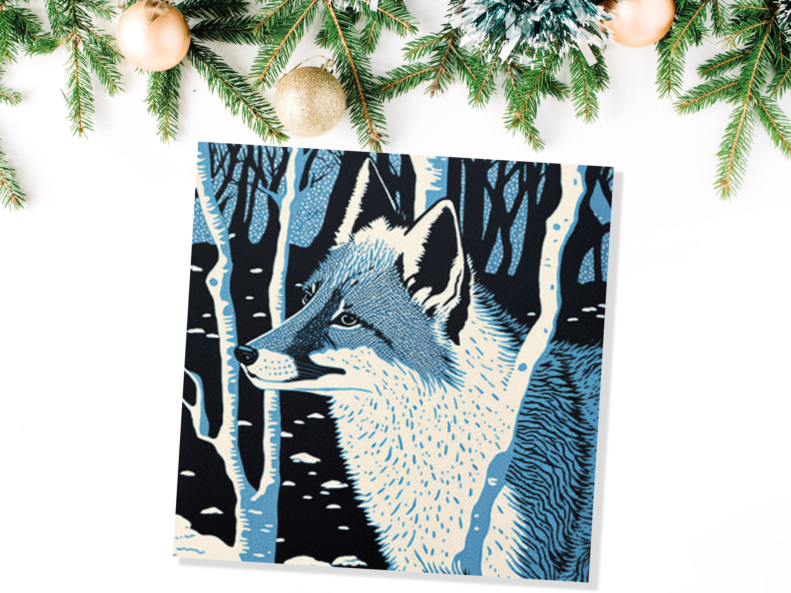 Fox Cards Winter Linocut Snowy Woodland Illustration Blue White Black Snow Scene Landscape Greetings For Family Friends Xmas 2024 Thank You - View 9