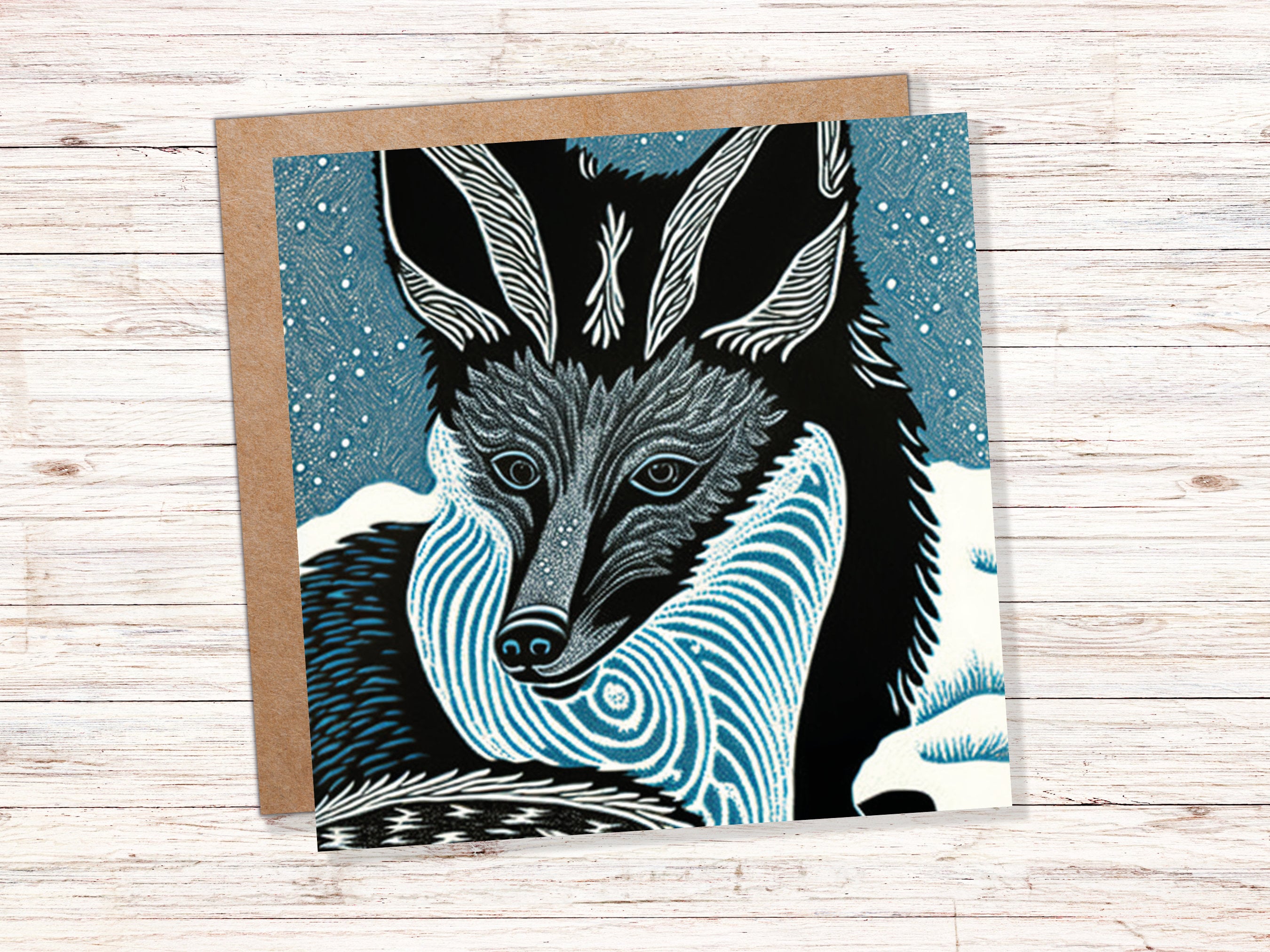 Fox Linocut Card Blue Winter Snowy Illustration White Black Snow Scene Foxes Head Face Ears Greetings For Family Friends Christmas Thank You