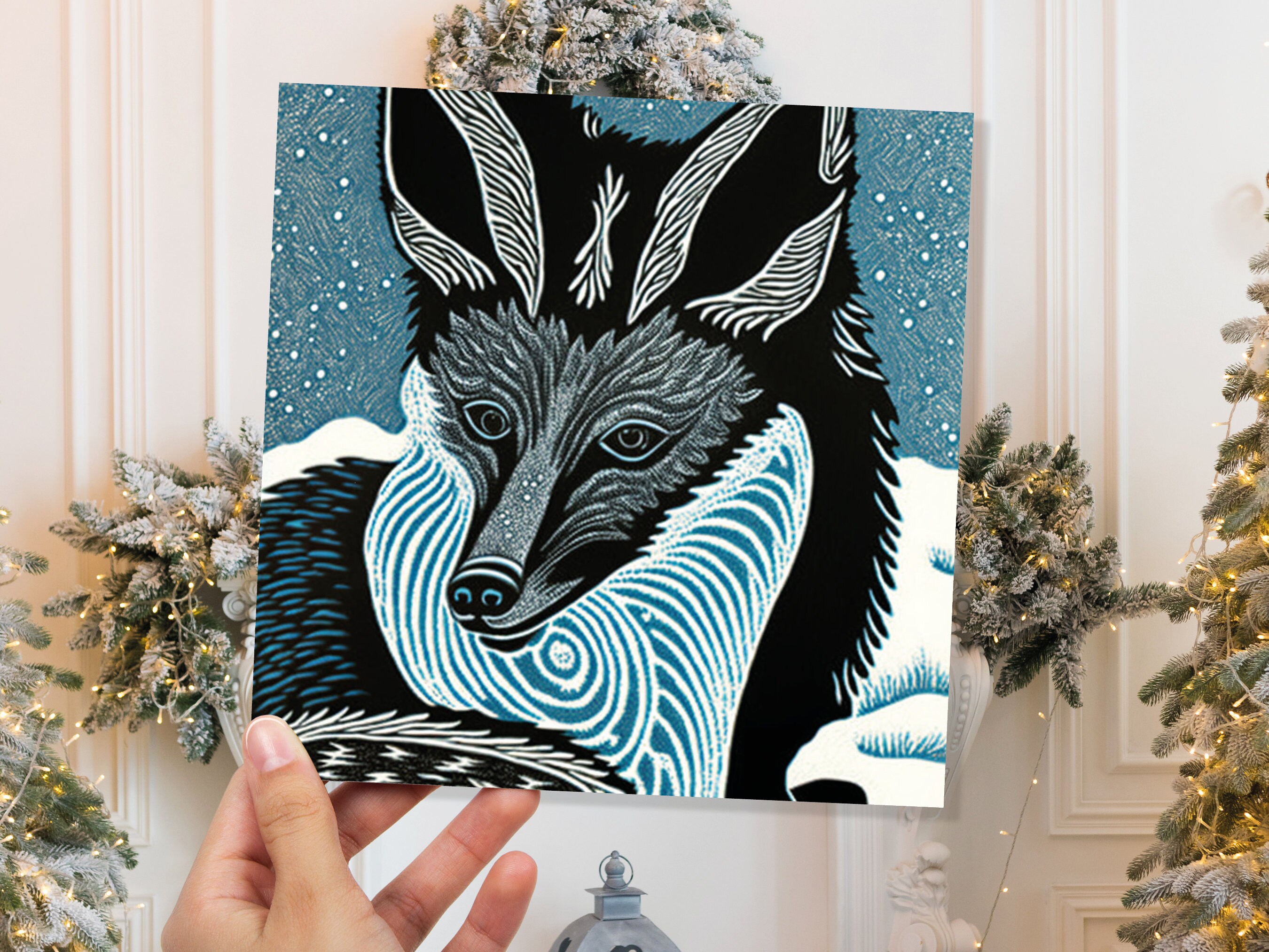 Fox Linocut Card Blue Winter Snowy Illustration White Black Snow Scene Foxes Head Face Ears Greetings For Family Friends Christmas Thank You - View 3