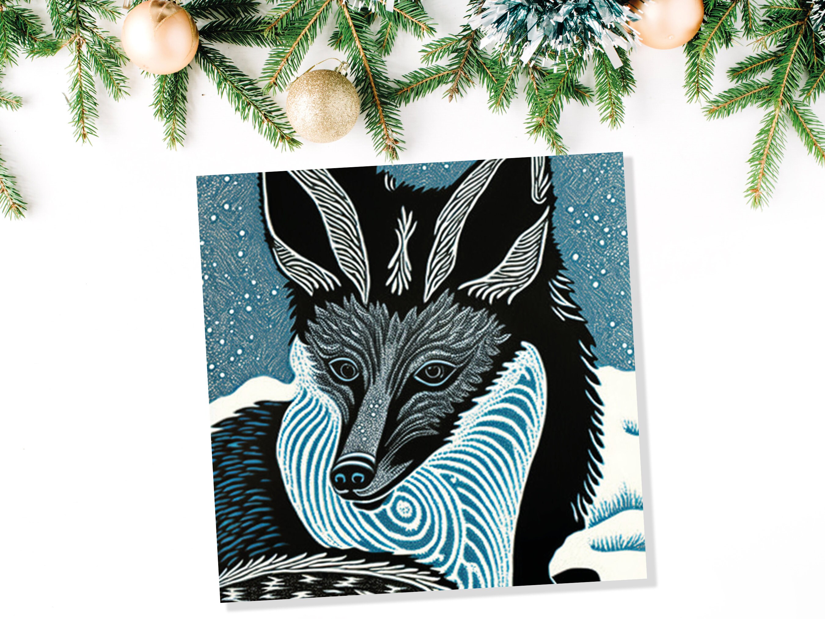 Fox Linocut Card Blue Winter Snowy Illustration White Black Snow Scene Foxes Head Face Ears Greetings For Family Friends Christmas Thank You - View 5