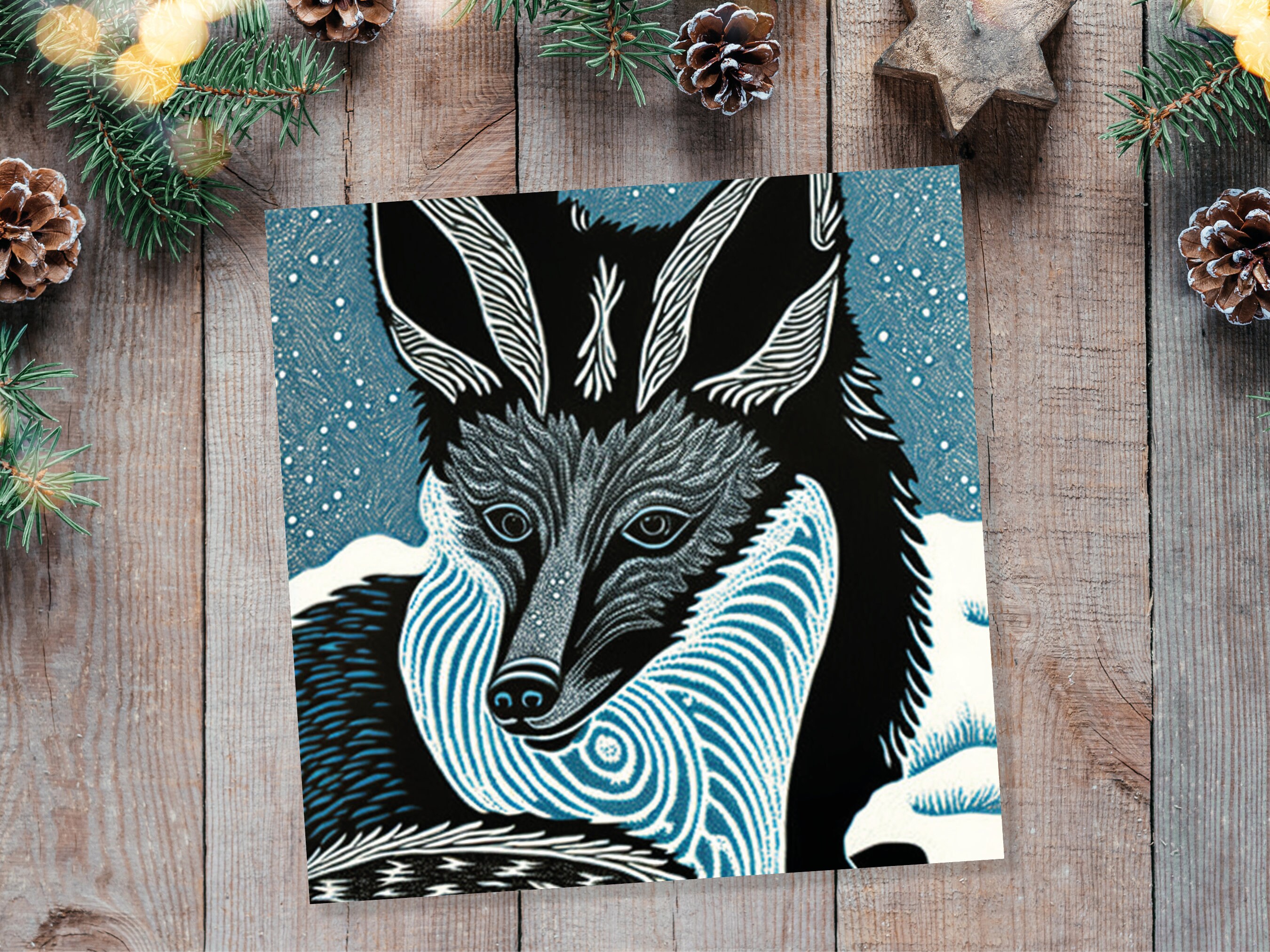 Fox Linocut Card Blue Winter Snowy Illustration White Black Snow Scene Foxes Head Face Ears Greetings For Family Friends Christmas Thank You - View 6