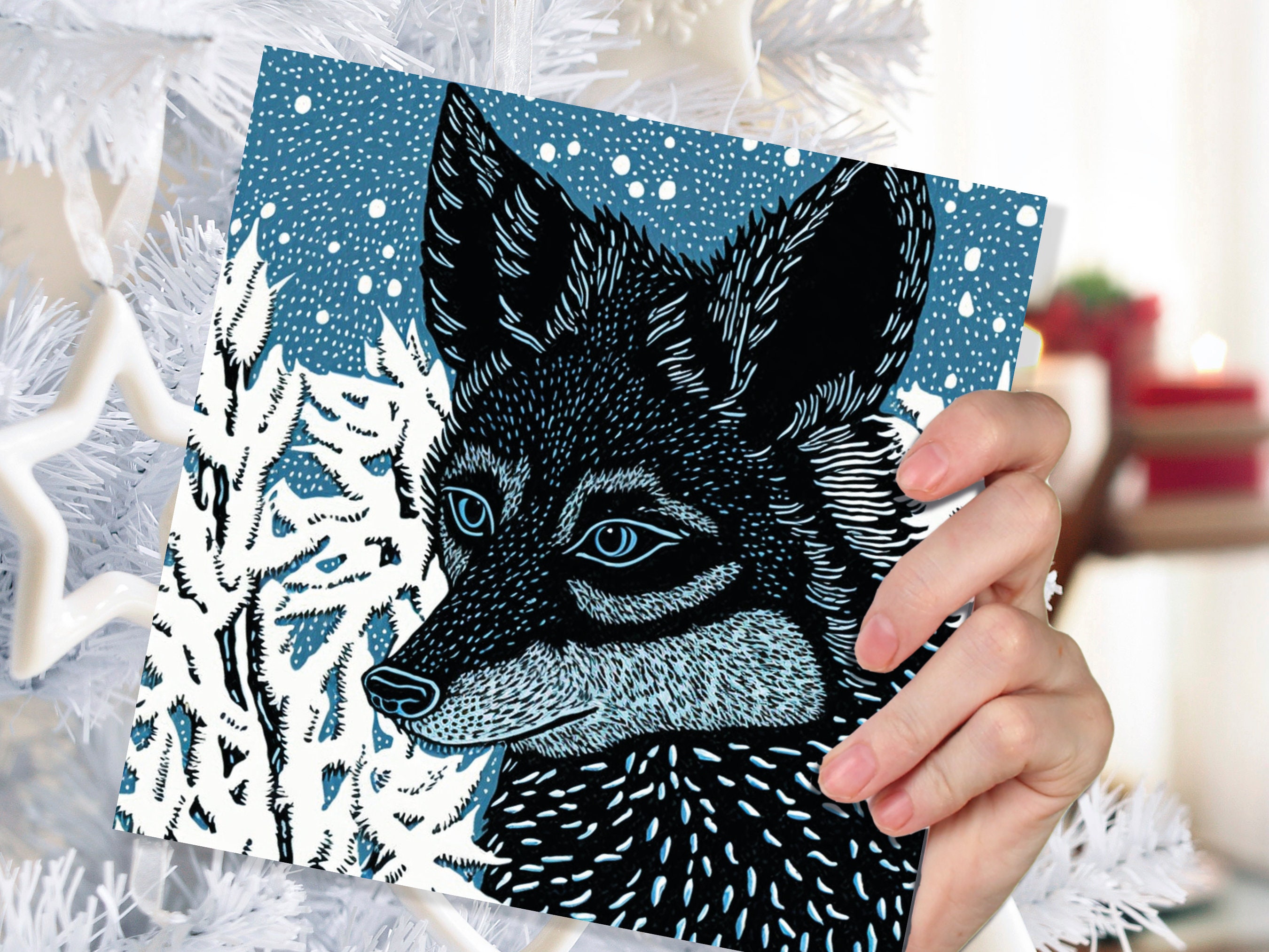 Fox Card Blue Linocut Winter Snowy Illustration White Black Snow Scene Woodland Forest Tree Greetings For Family Friends Xmas 2024 Thank You