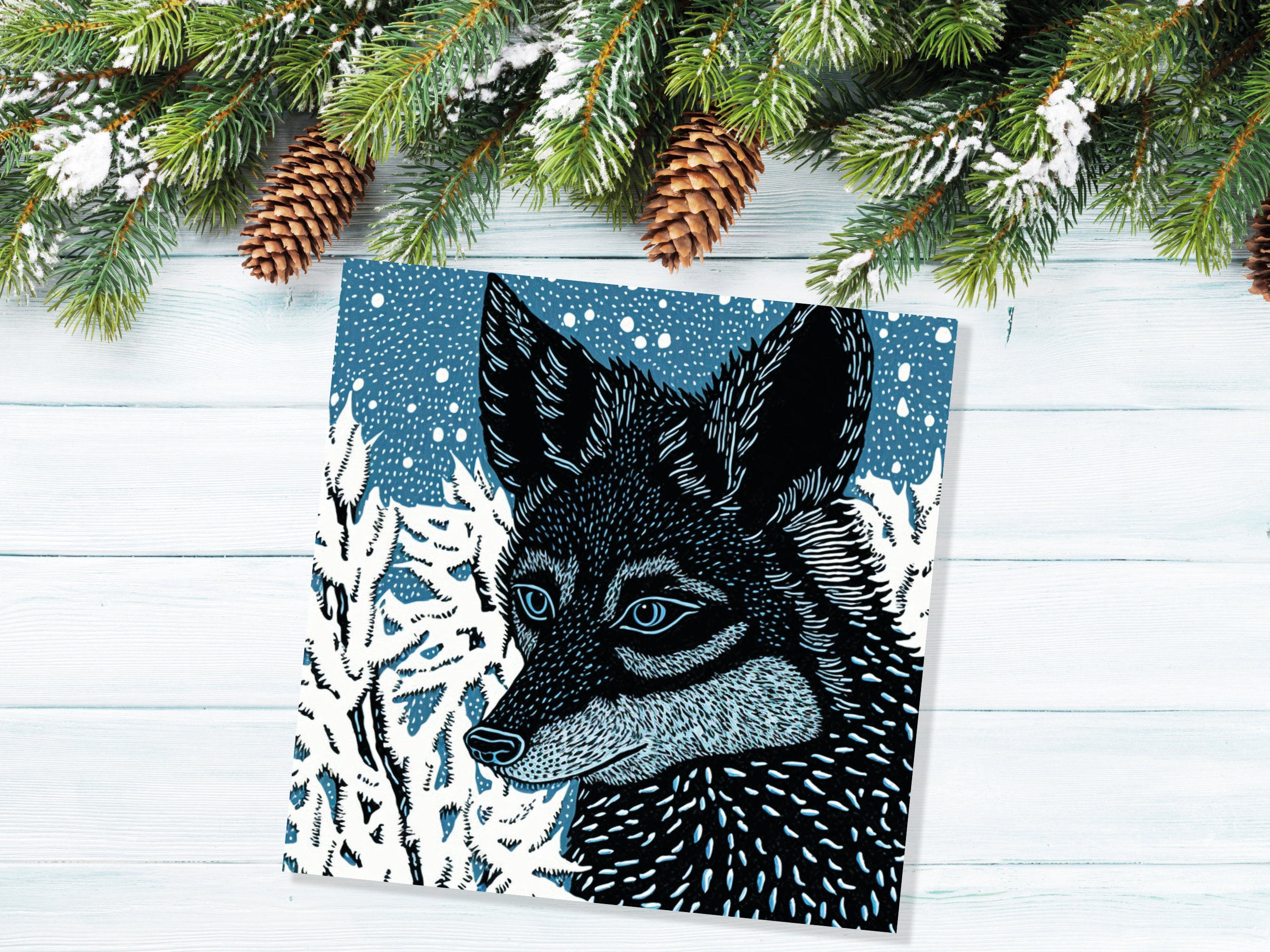 Fox Card Blue Linocut Winter Snowy Illustration White Black Snow Scene Woodland Forest Tree Greetings For Family Friends Xmas 2024 Thank You - View 2