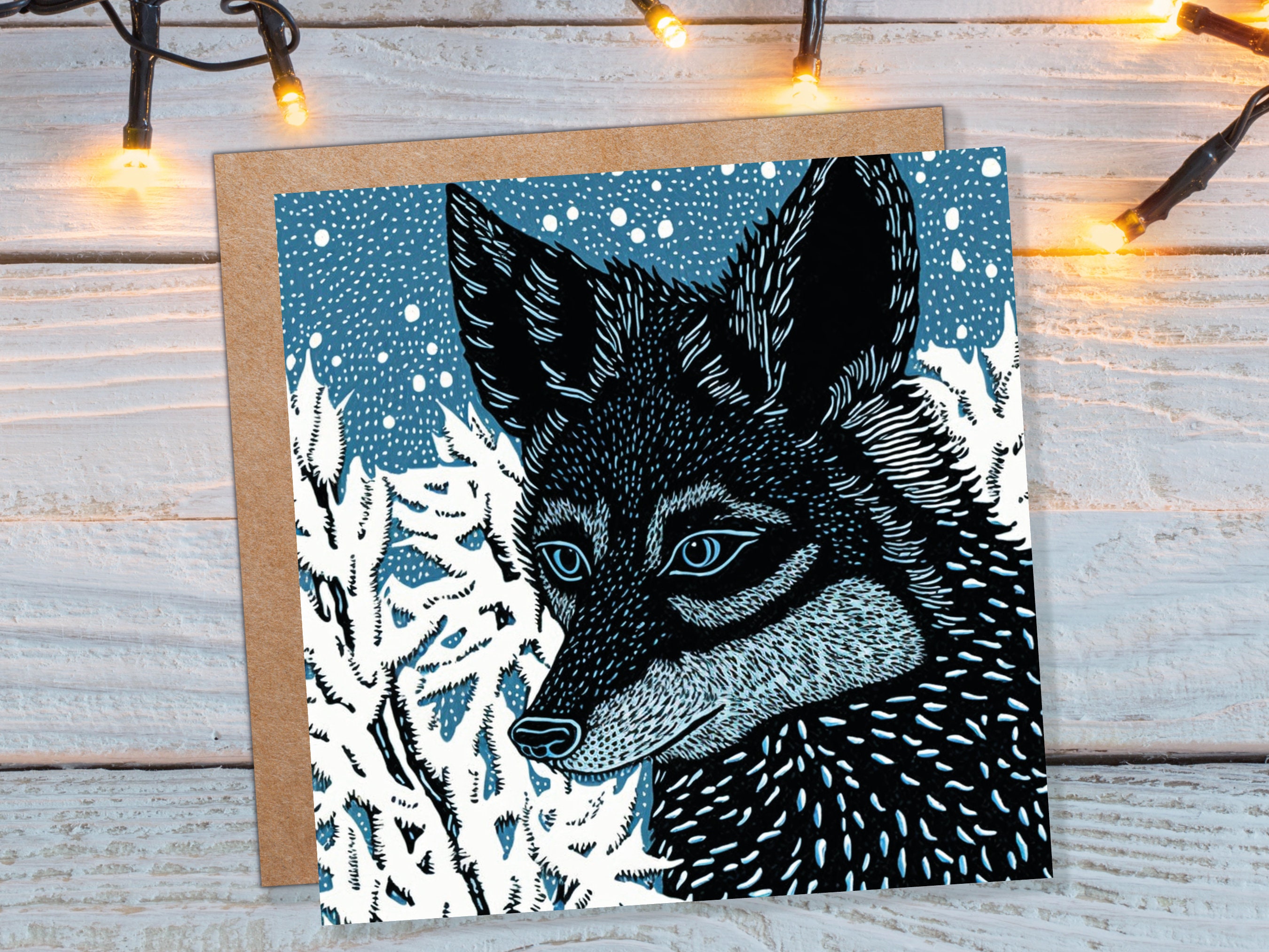 Fox Card Blue Linocut Winter Snowy Illustration White Black Snow Scene Woodland Forest Tree Greetings For Family Friends Xmas 2024 Thank You - View 3