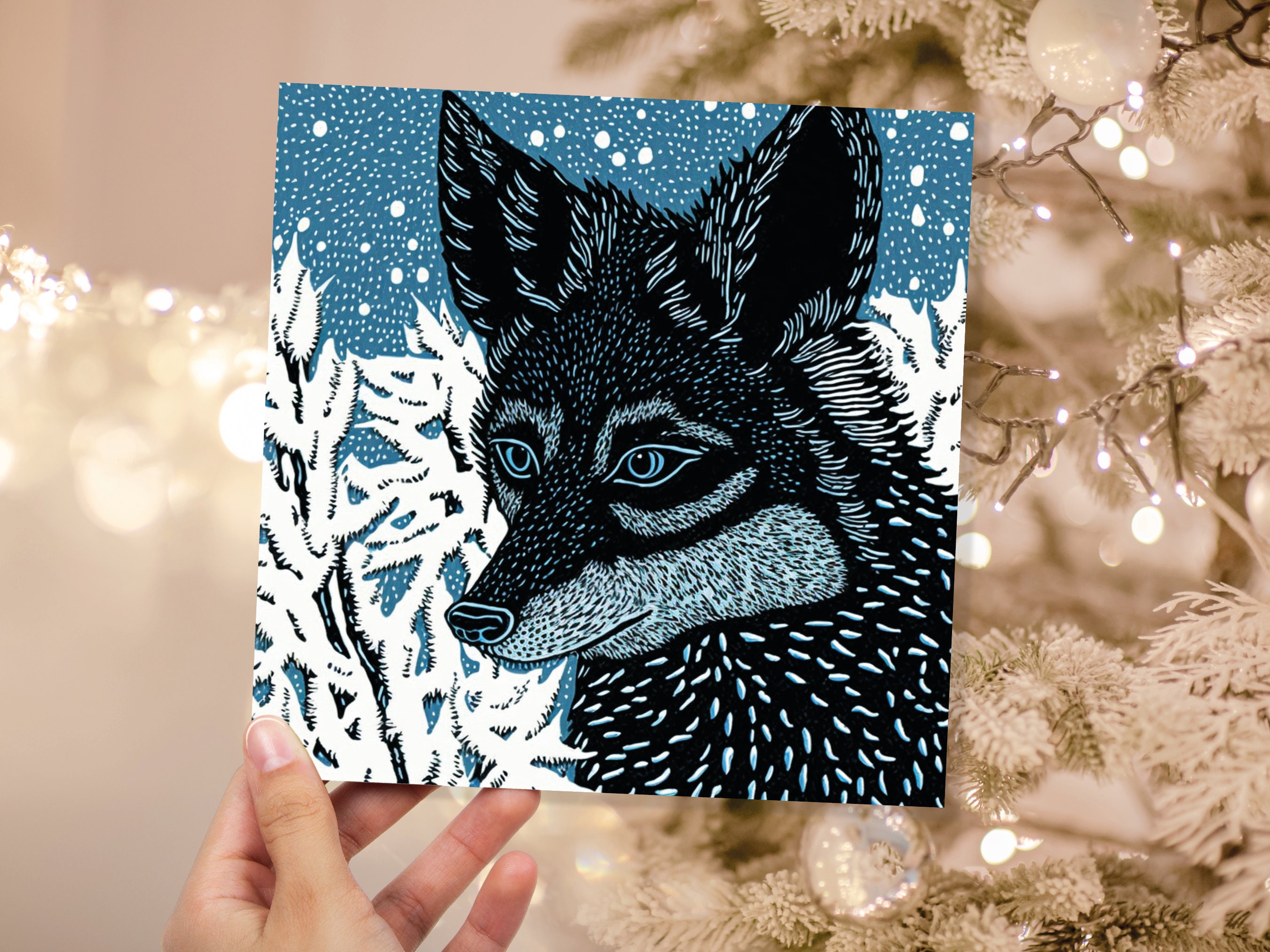 Fox Card Blue Linocut Winter Snowy Illustration White Black Snow Scene Woodland Forest Tree Greetings For Family Friends Xmas 2024 Thank You - View 4