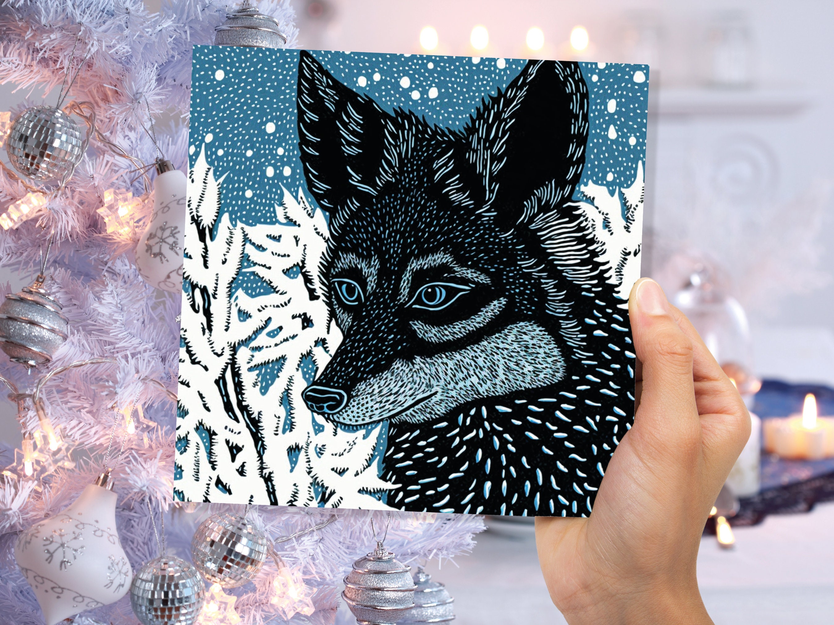 Fox Card Blue Linocut Winter Snowy Illustration White Black Snow Scene Woodland Forest Tree Greetings For Family Friends Xmas 2024 Thank You - View 5