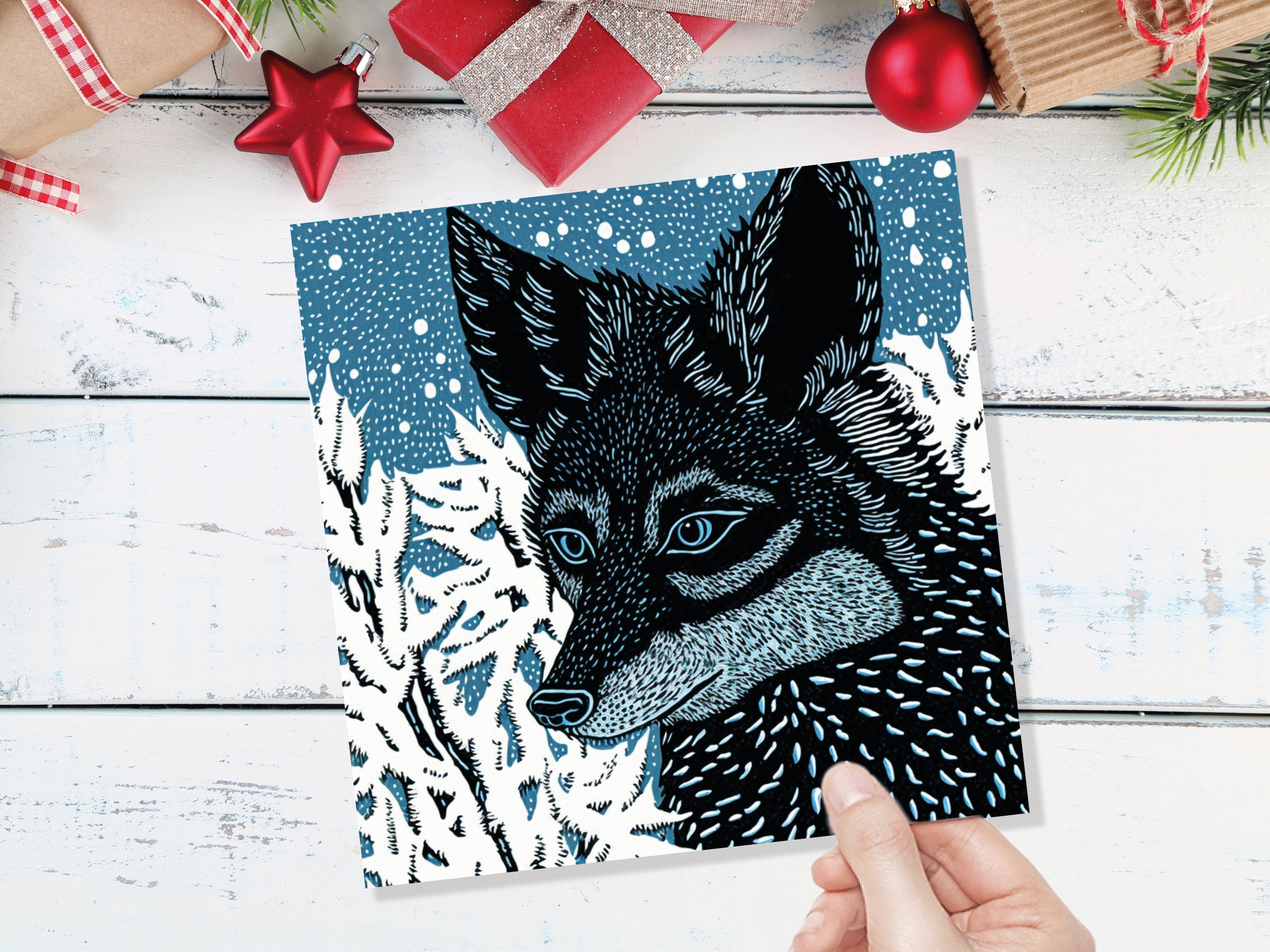 Fox Card Blue Linocut Winter Snowy Illustration White Black Snow Scene Woodland Forest Tree Greetings For Family Friends Xmas 2024 Thank You - View 8