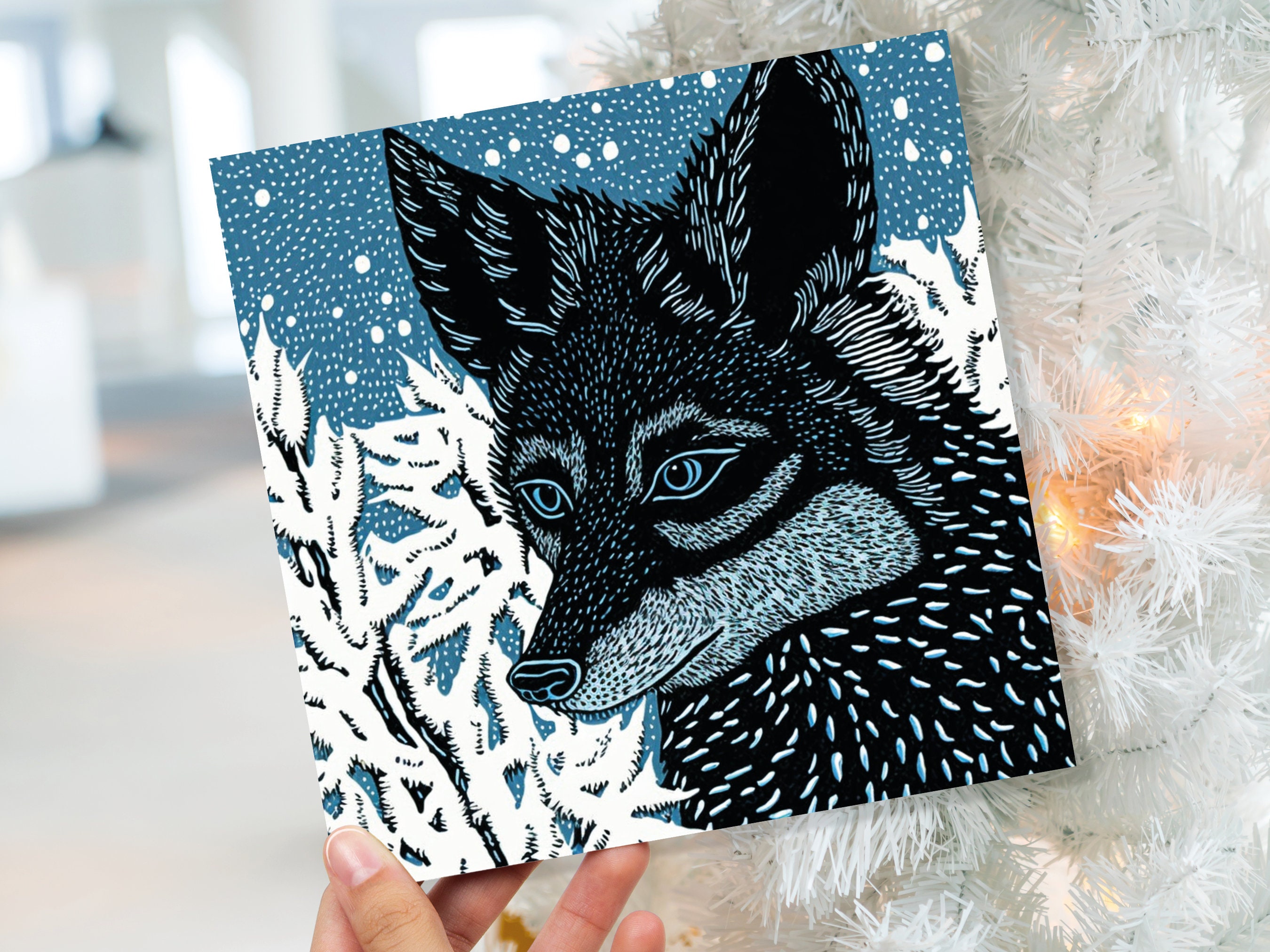 Fox Card Blue Linocut Winter Snowy Illustration White Black Snow Scene Woodland Forest Tree Greetings For Family Friends Xmas 2024 Thank You - View 9