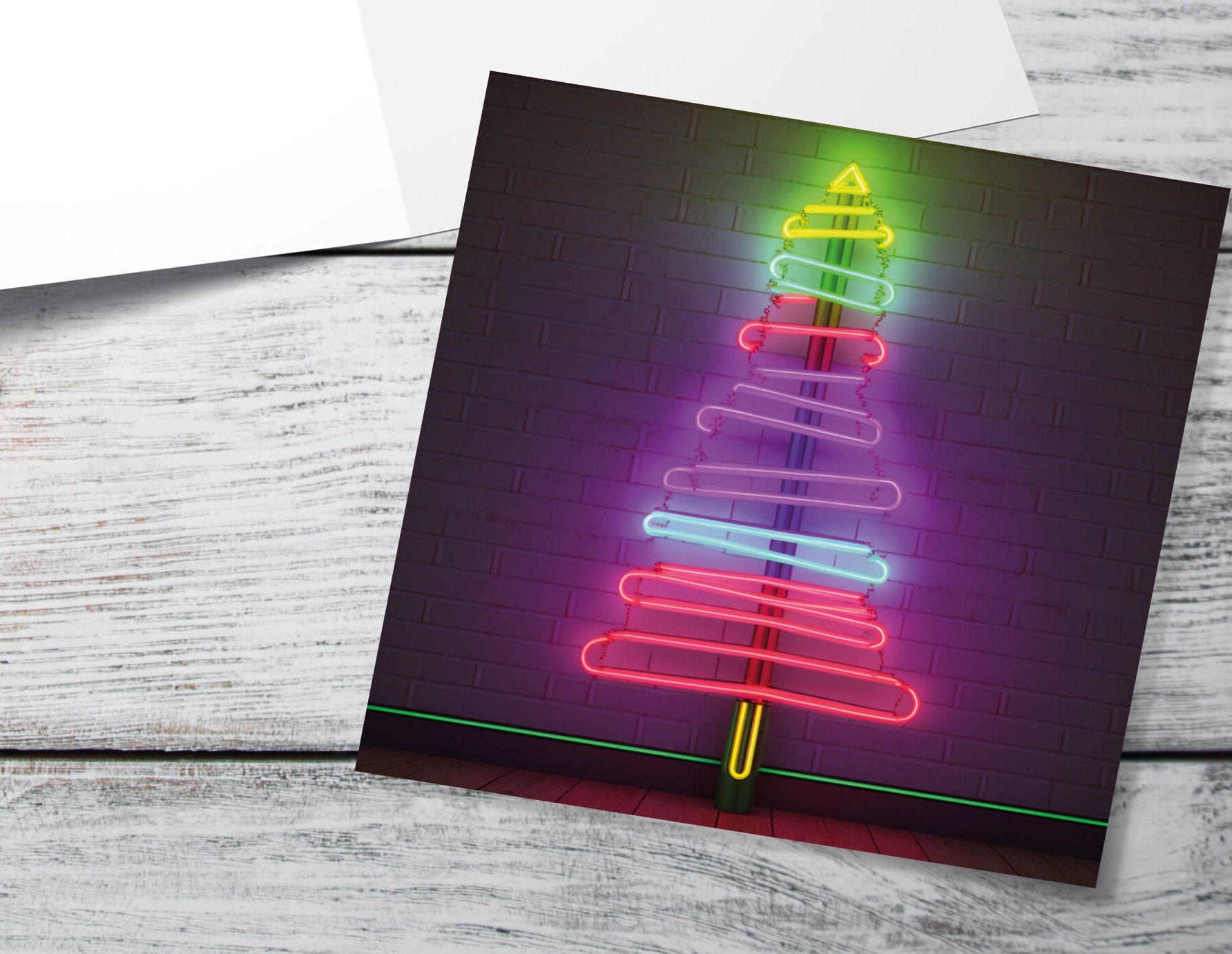 Neon Christmas Card Tree Tube Lighting Glowing Lights Y2K Bright Pink Purple Green Colourful Rainbow Modern Fun For Family Friends Xmas 2024 - View 10