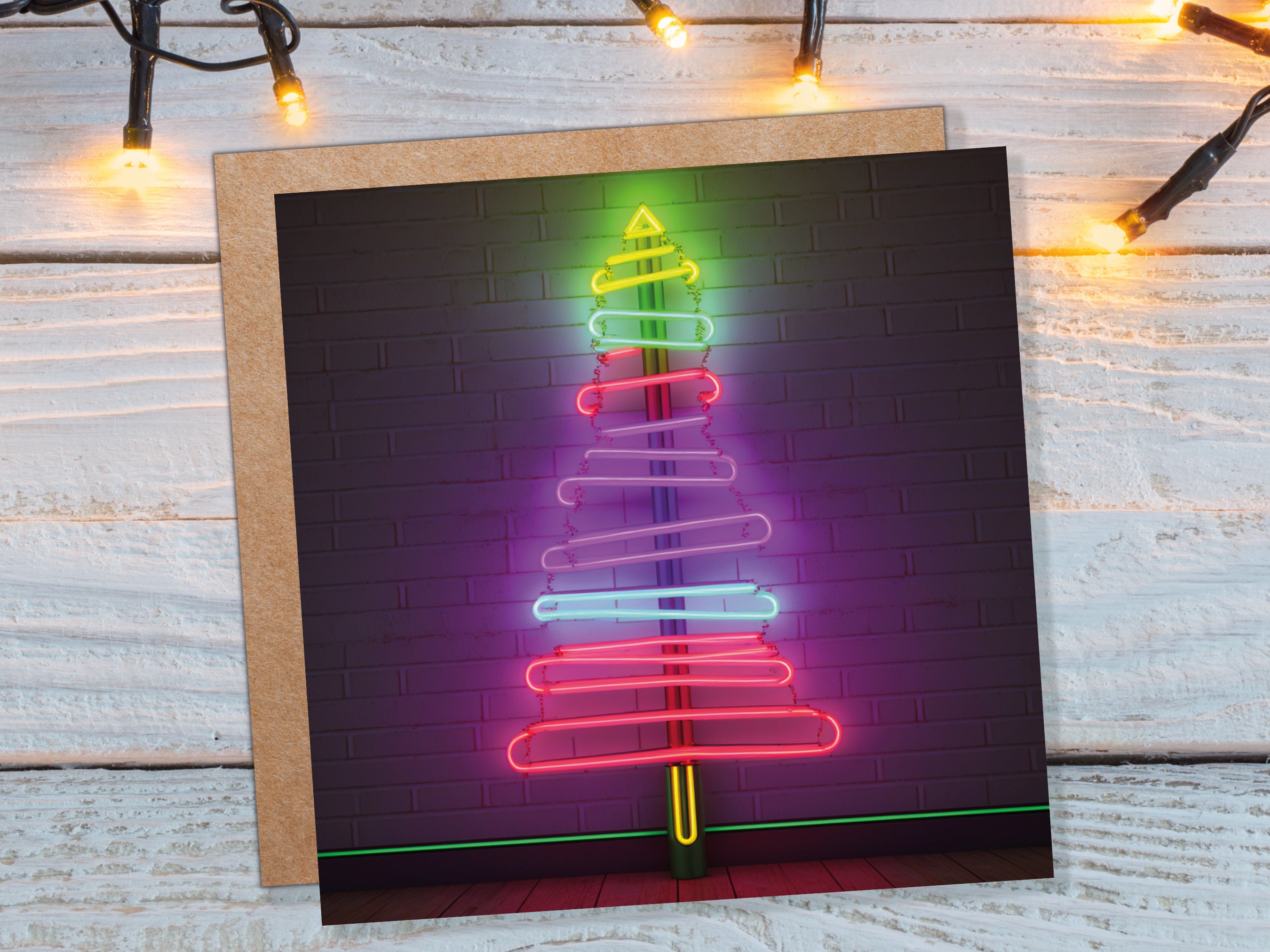 Neon Christmas Card Tree Tube Lighting Glowing Lights Y2K Bright Pink Purple Green Colourful Rainbow Modern Fun For Family Friends Xmas 2024 - View 2