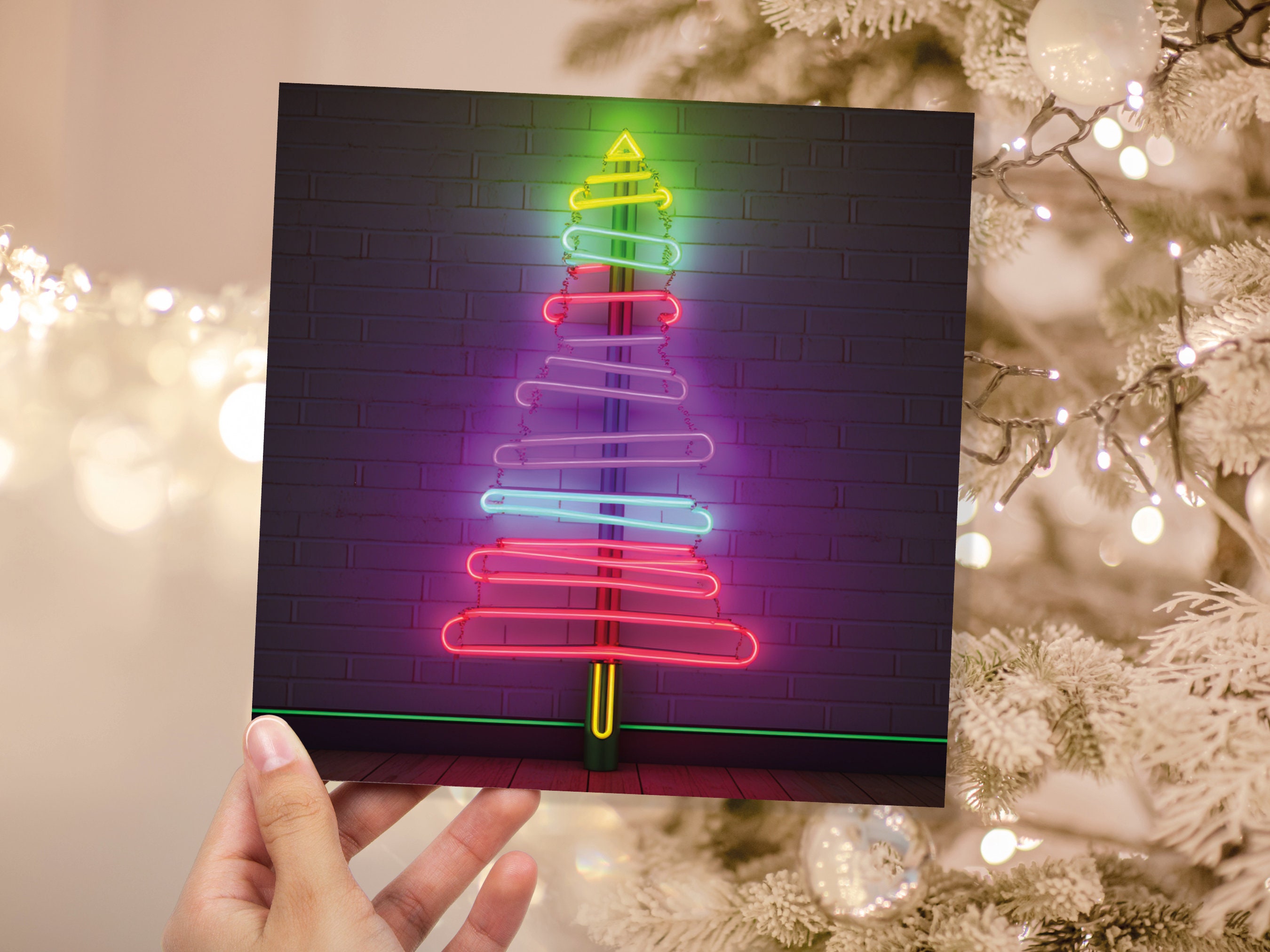 Neon Christmas Card Tree Tube Lighting Glowing Lights Y2K Bright Pink Purple Green Colourful Rainbow Modern Fun For Family Friends Xmas 2024 - View 3