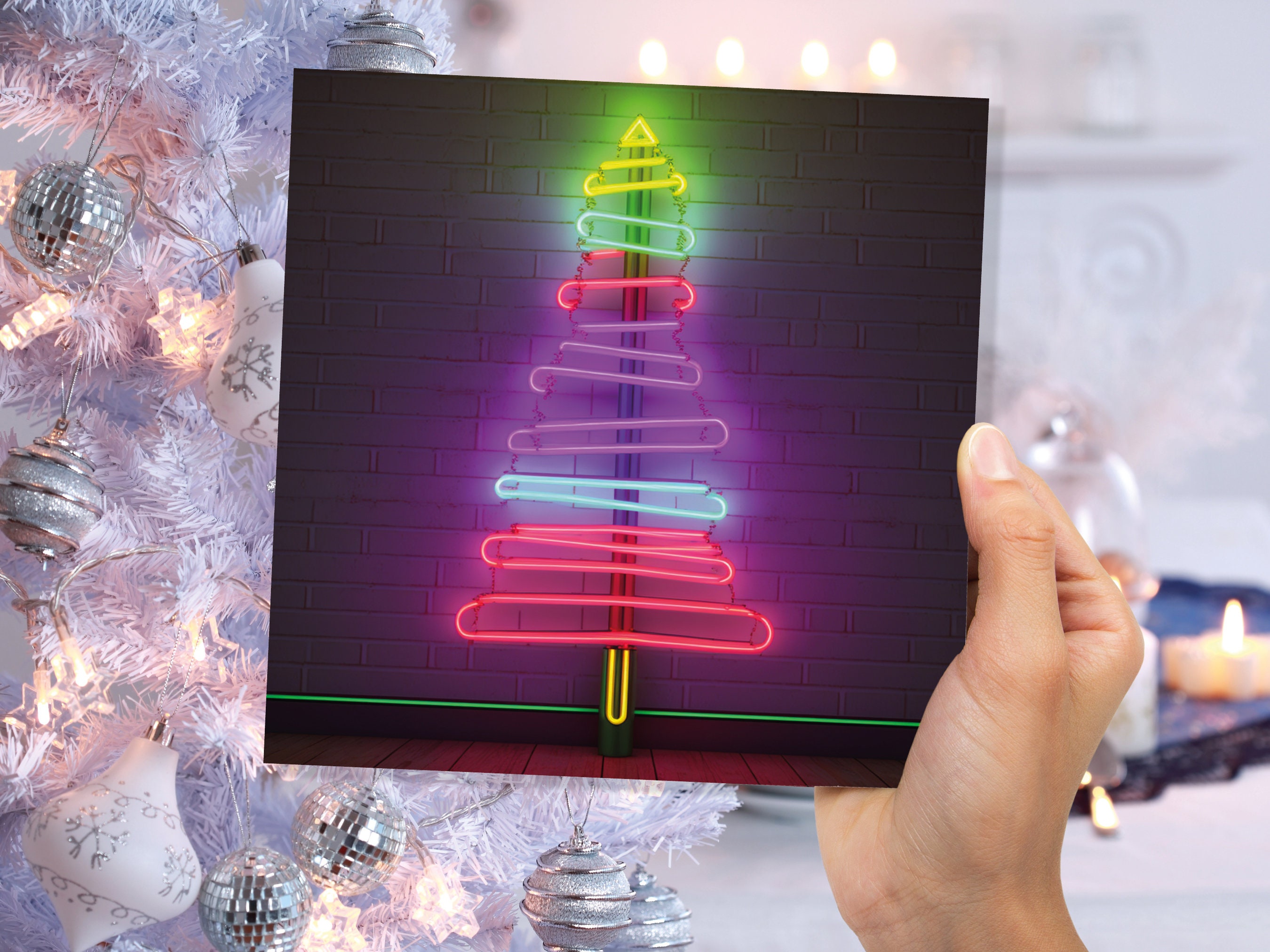 Neon Christmas Card Tree Tube Lighting Glowing Lights Y2K Bright Pink Purple Green Colourful Rainbow Modern Fun For Family Friends Xmas 2024 - View 4