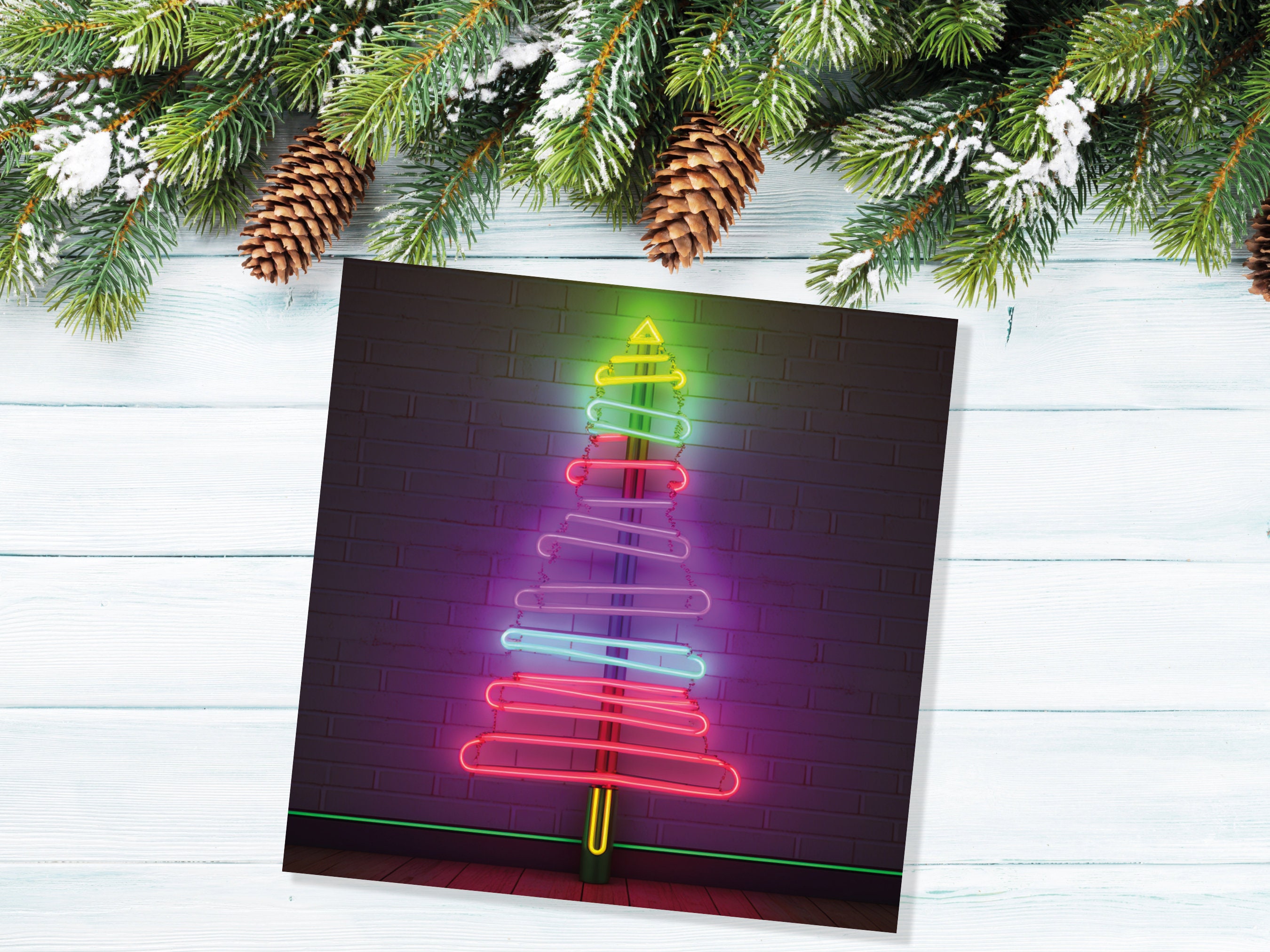 Neon Christmas Card Tree Tube Lighting Glowing Lights Y2K Bright Pink Purple Green Colourful Rainbow Modern Fun For Family Friends Xmas 2024 - View 5