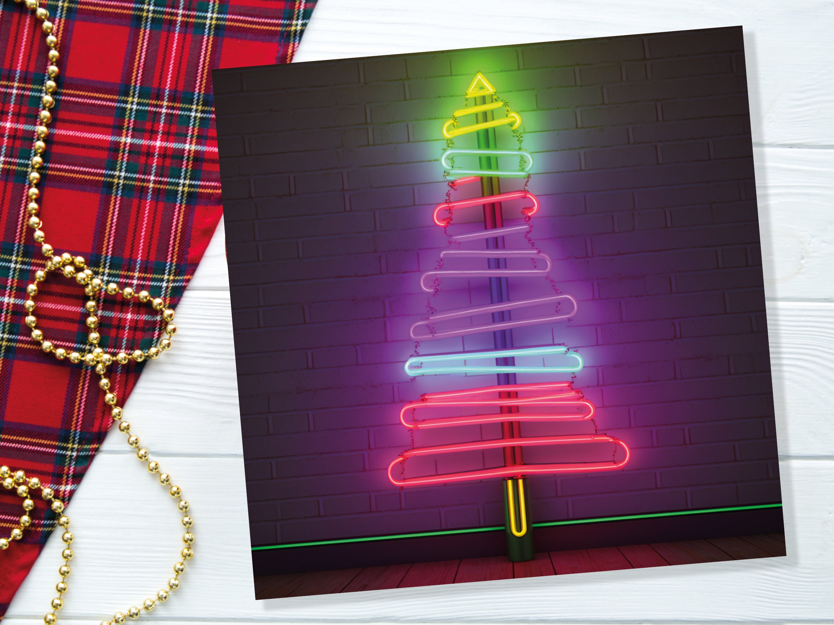 Neon Christmas Card Tree Tube Lighting Glowing Lights Y2K Bright Pink Purple Green Colourful Rainbow Modern Fun For Family Friends Xmas 2024 - View 6