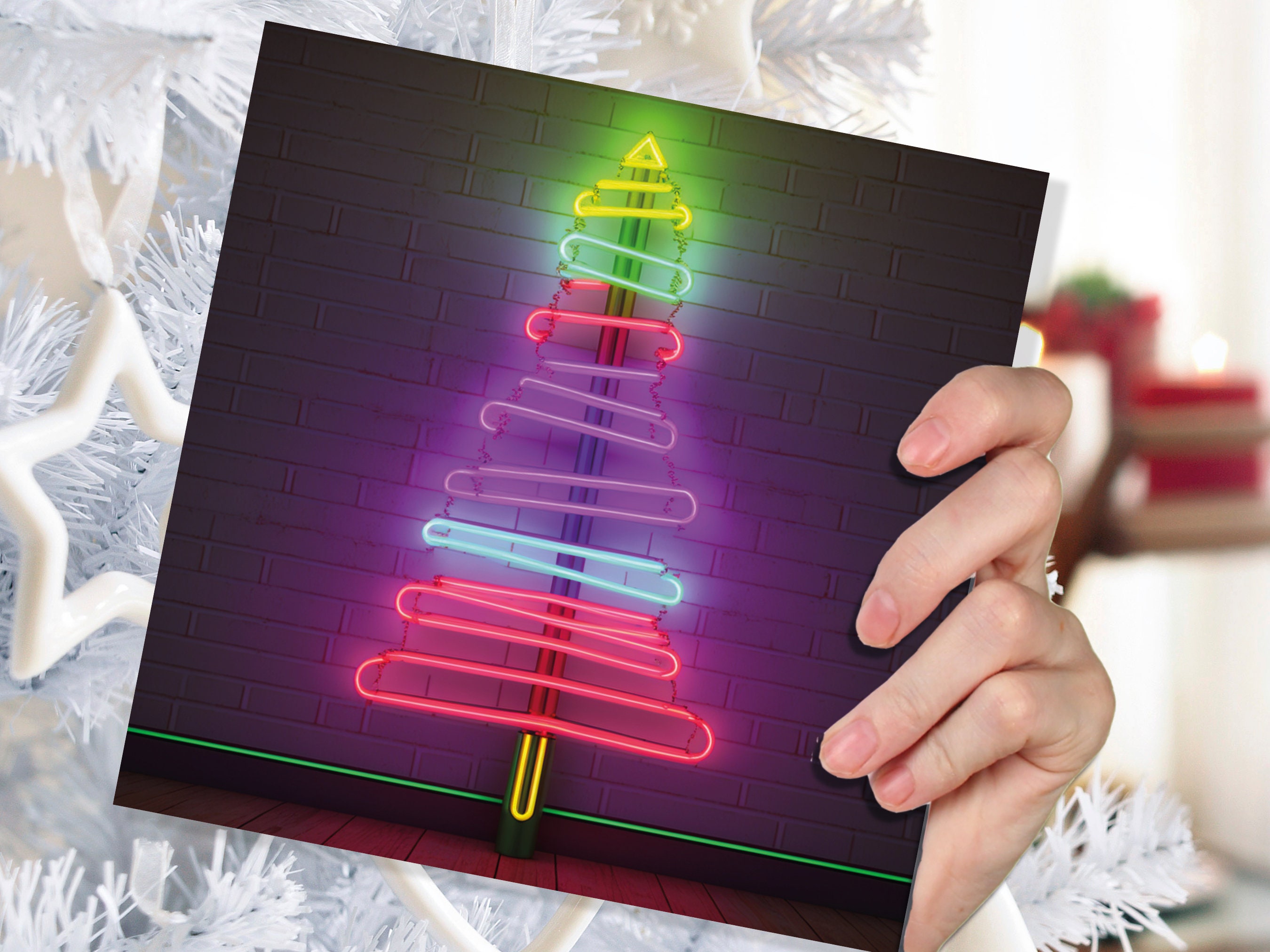 Neon Christmas Card Tree Tube Lighting Glowing Lights Y2K Bright Pink Purple Green Colourful Rainbow Modern Fun For Family Friends Xmas 2024 - View 7