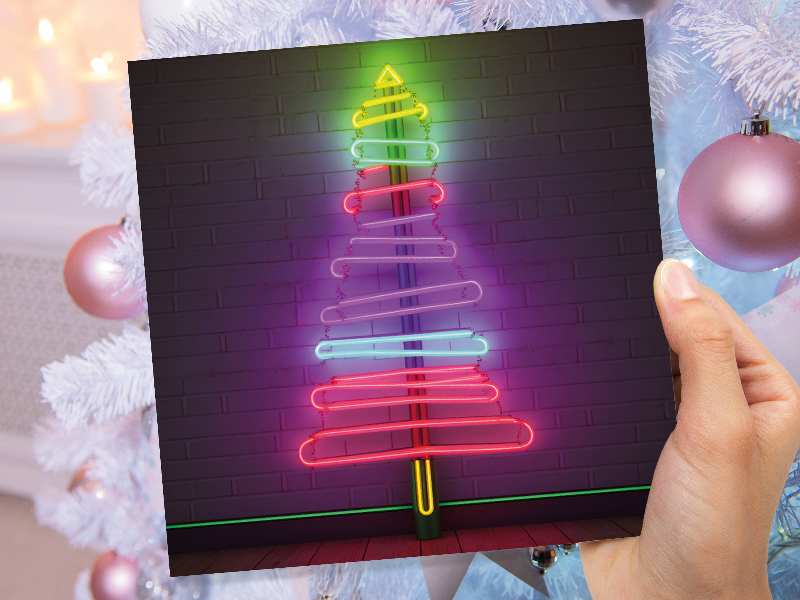 Neon Christmas Card Tree Tube Lighting Glowing Lights Y2K Bright Pink Purple Green Colourful Rainbow Modern Fun For Family Friends Xmas 2024 - View 8