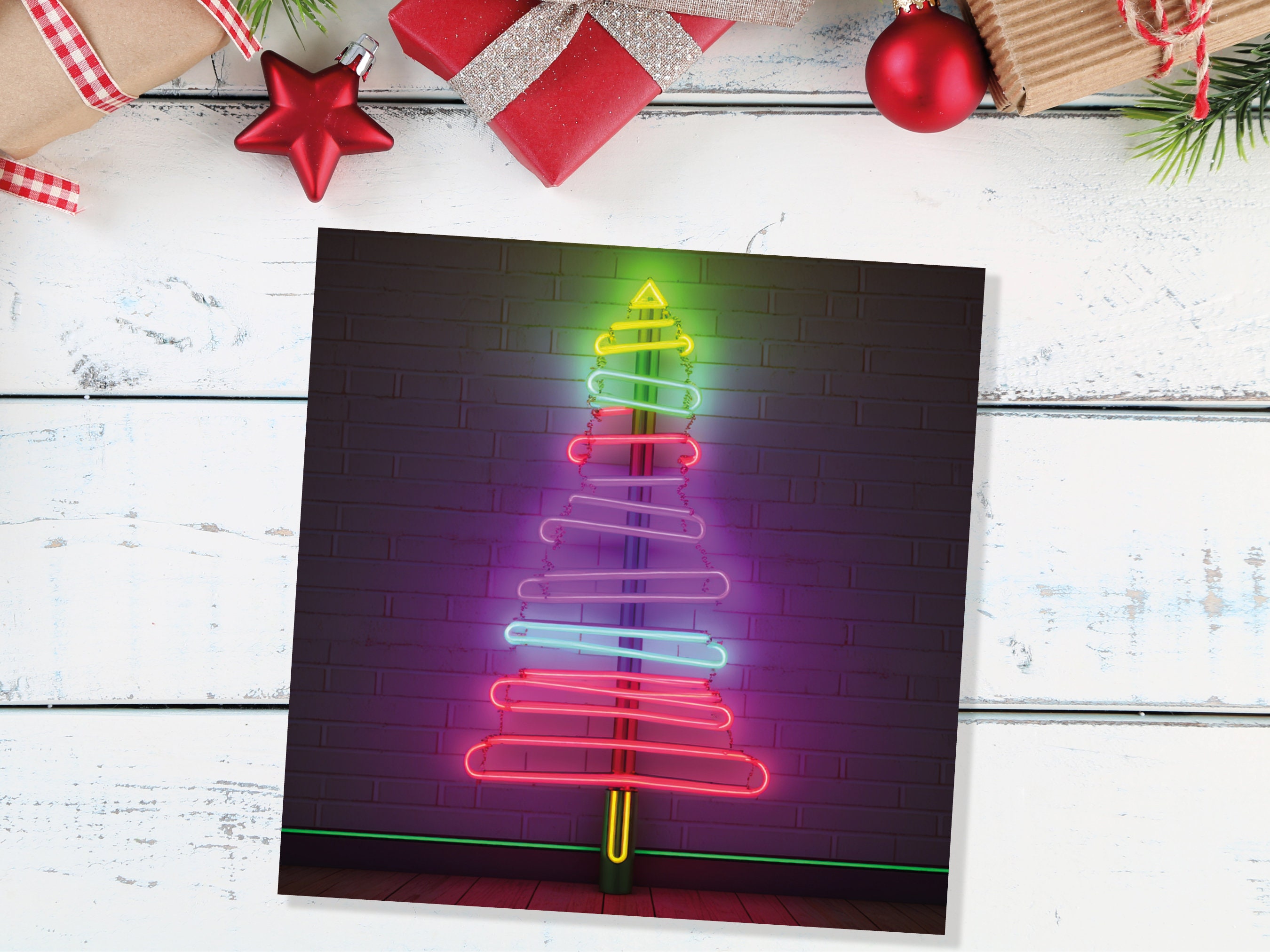 Neon Christmas Card Tree Tube Lighting Glowing Lights Y2K Bright Pink Purple Green Colourful Rainbow Modern Fun For Family Friends Xmas 2024 - View 9