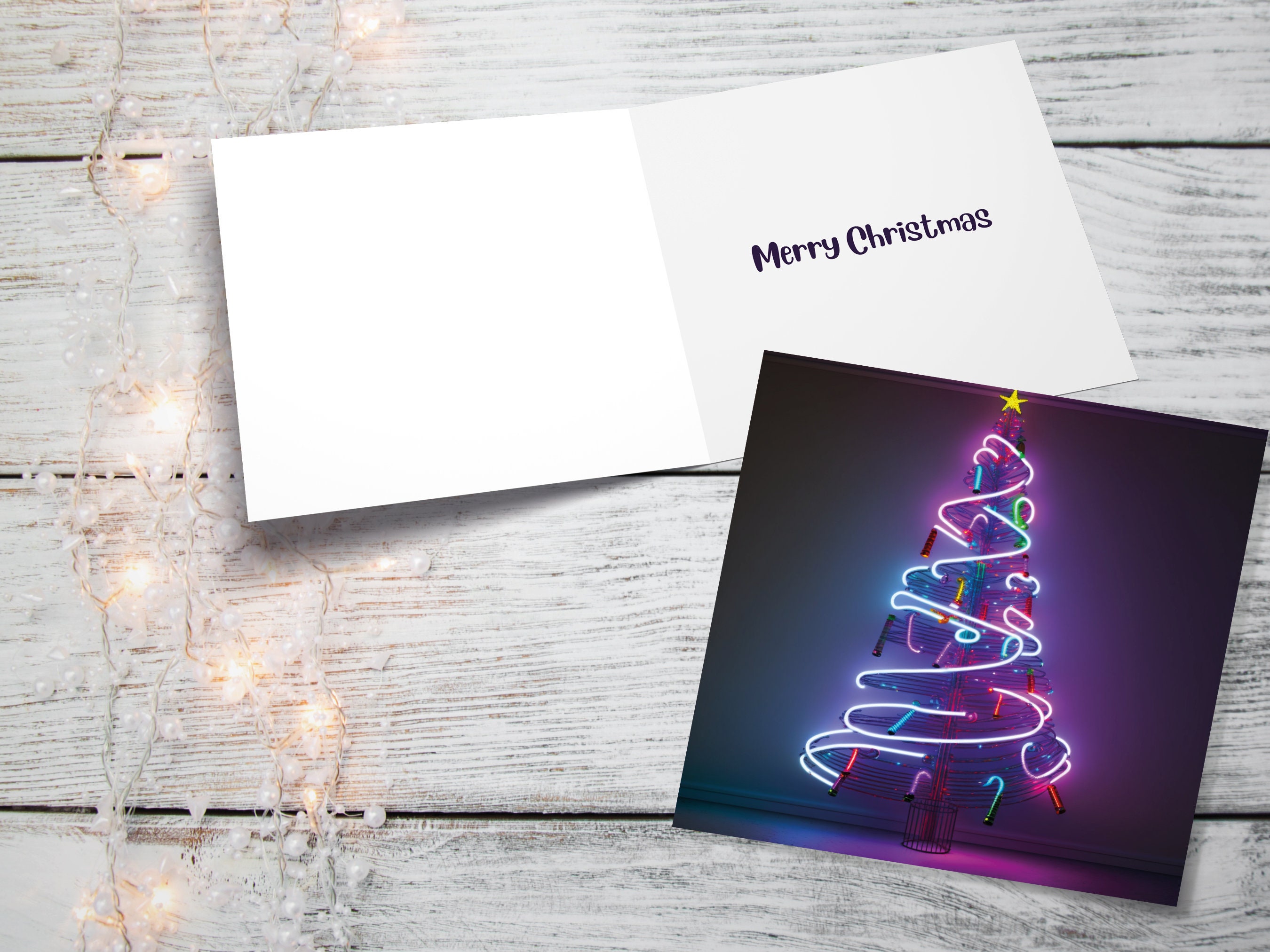 Neon Christmas Card Tree 80s Glowing Lights Tube Lighting Y2K Bright Colours Colourful Pink Purple Modern Cards For Family Friends Xmas 2024 - View 10