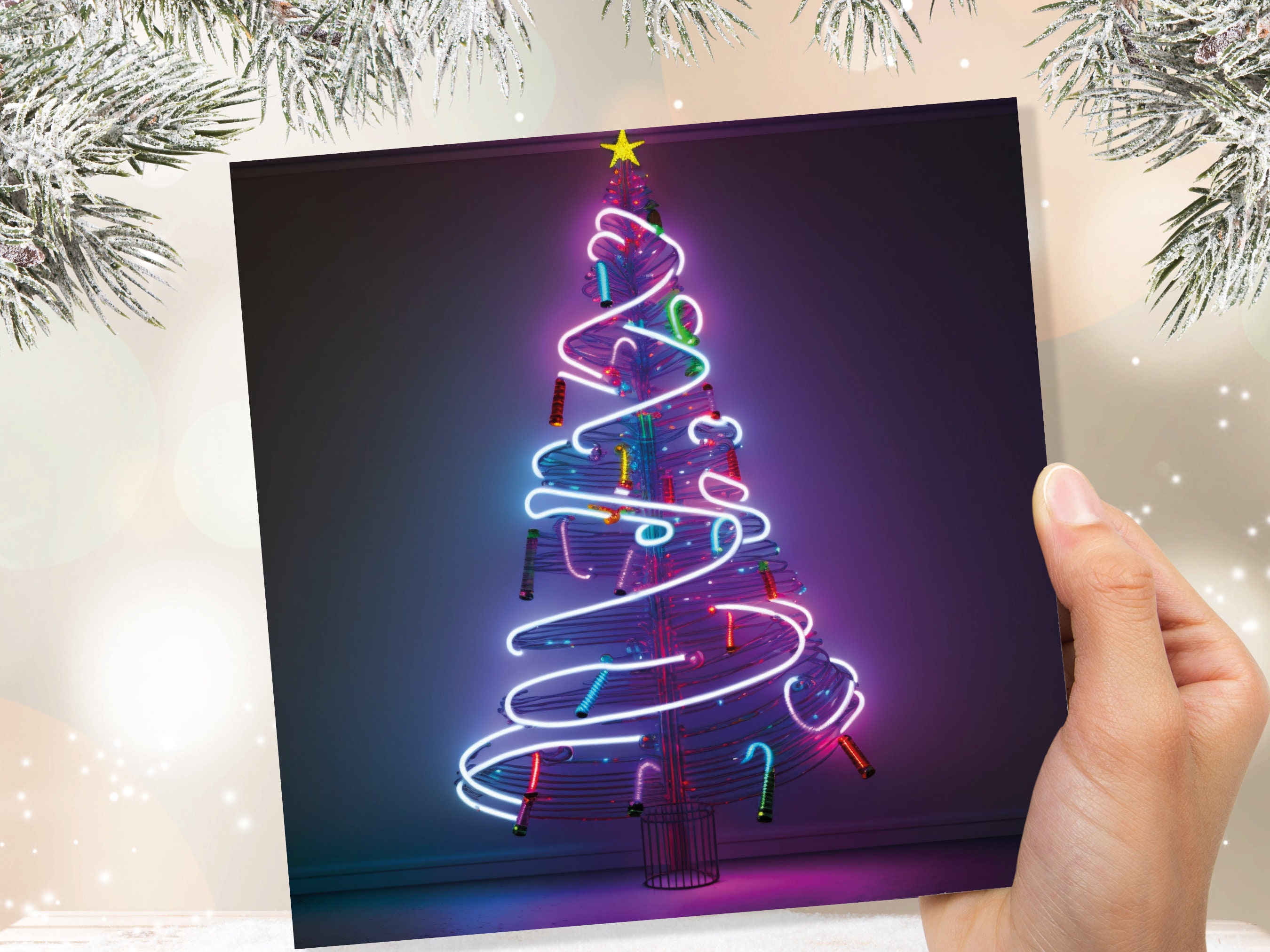 Neon Christmas Card Tree 80s Glowing Lights Tube Lighting Y2K Bright Colours Colourful Pink Purple Modern Cards For Family Friends Xmas 2024